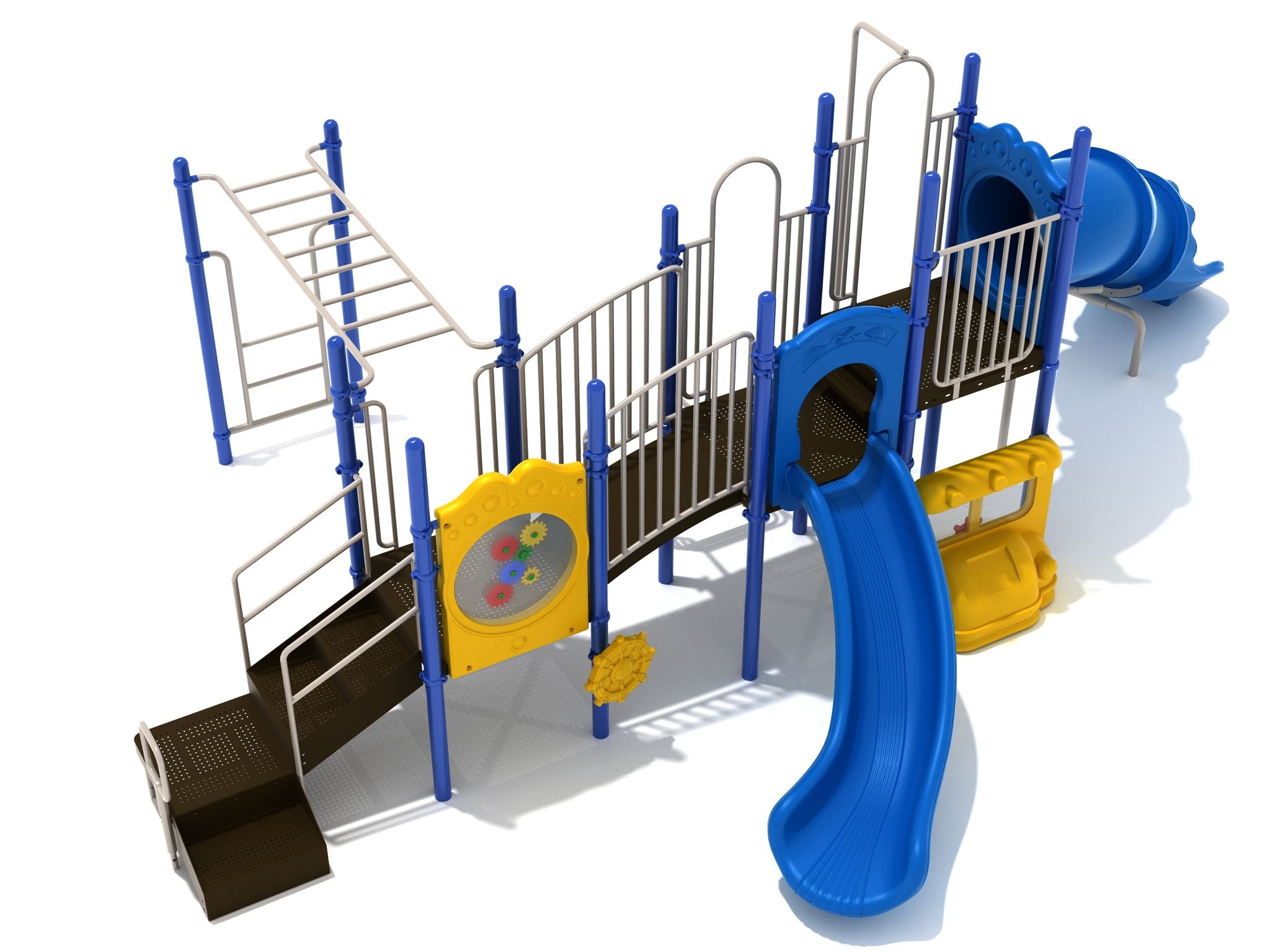 Inclined playground structure with blue curved and right-turn slides, climbing ladders, yellow activity panels, and metal railings.