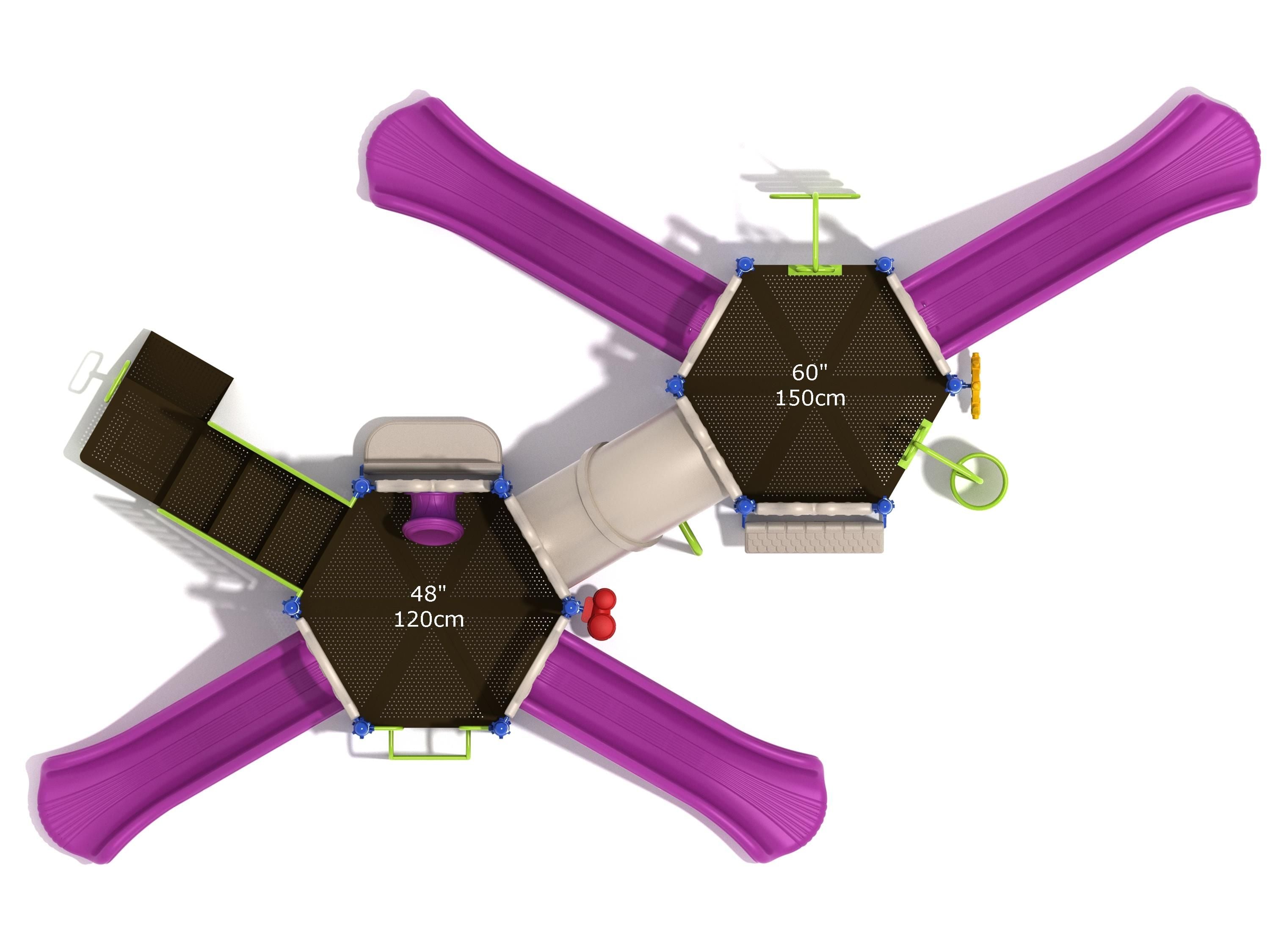 Overhead view of a playground with two hexagonal platforms connected by a tube bridge, featuring four purple slides and interactive play panels