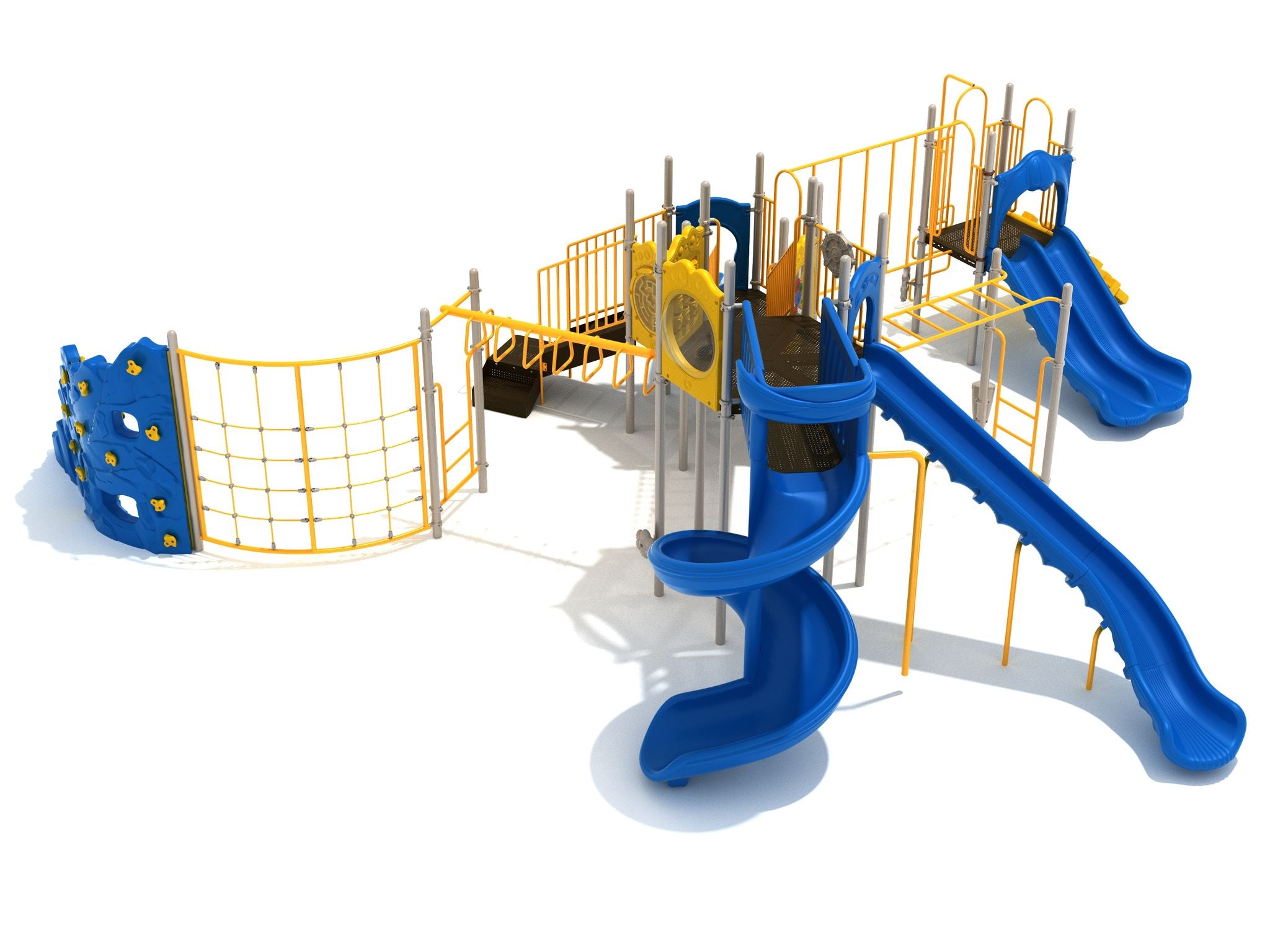 Large blue and yellow playground structure with spiral and double slides, climbing nets, ladders, and bridges for active play.
