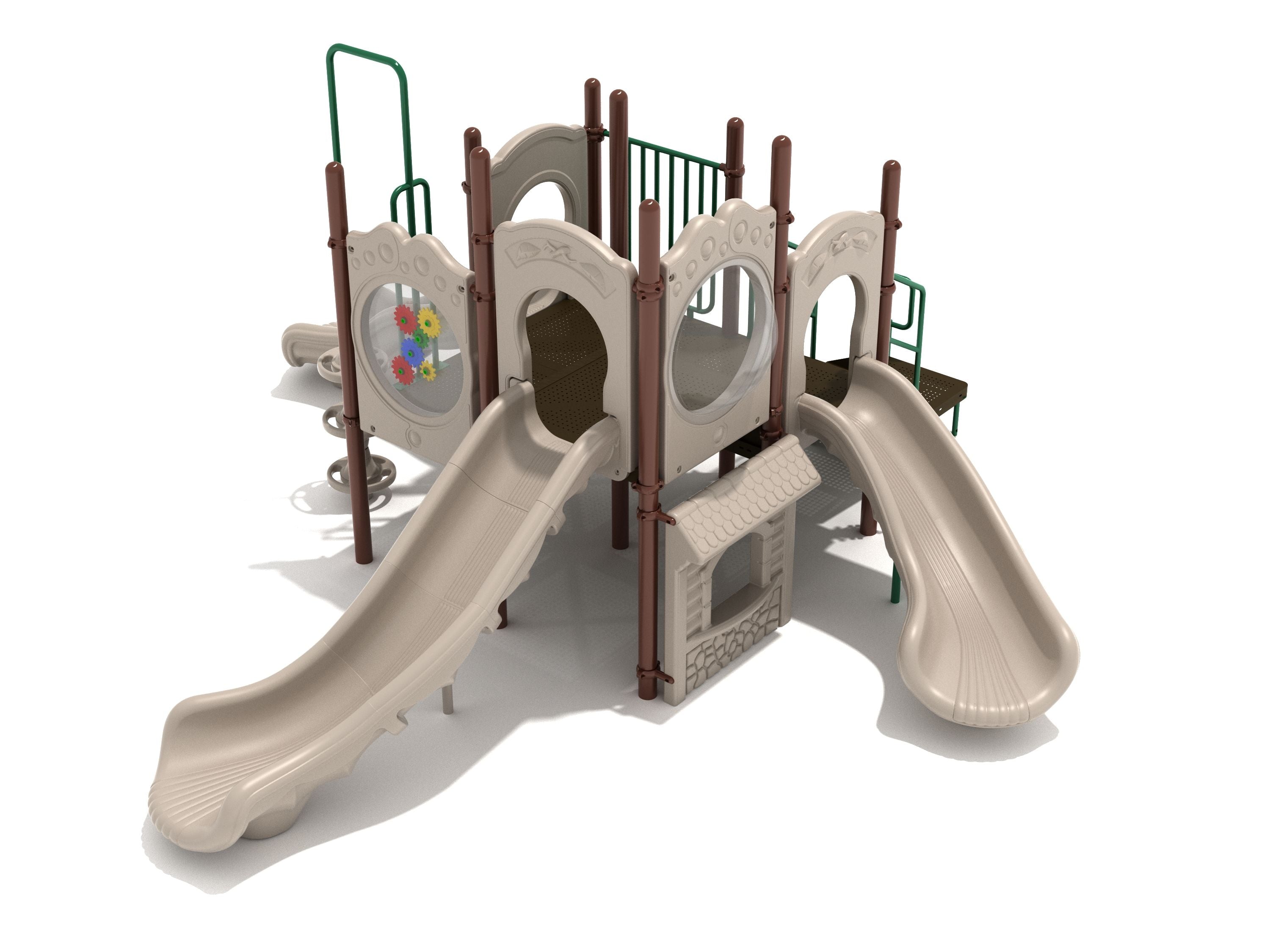 Charleston Playground with large square deck, two beige right turn slides, wave slide, climbing pod, and activity panels