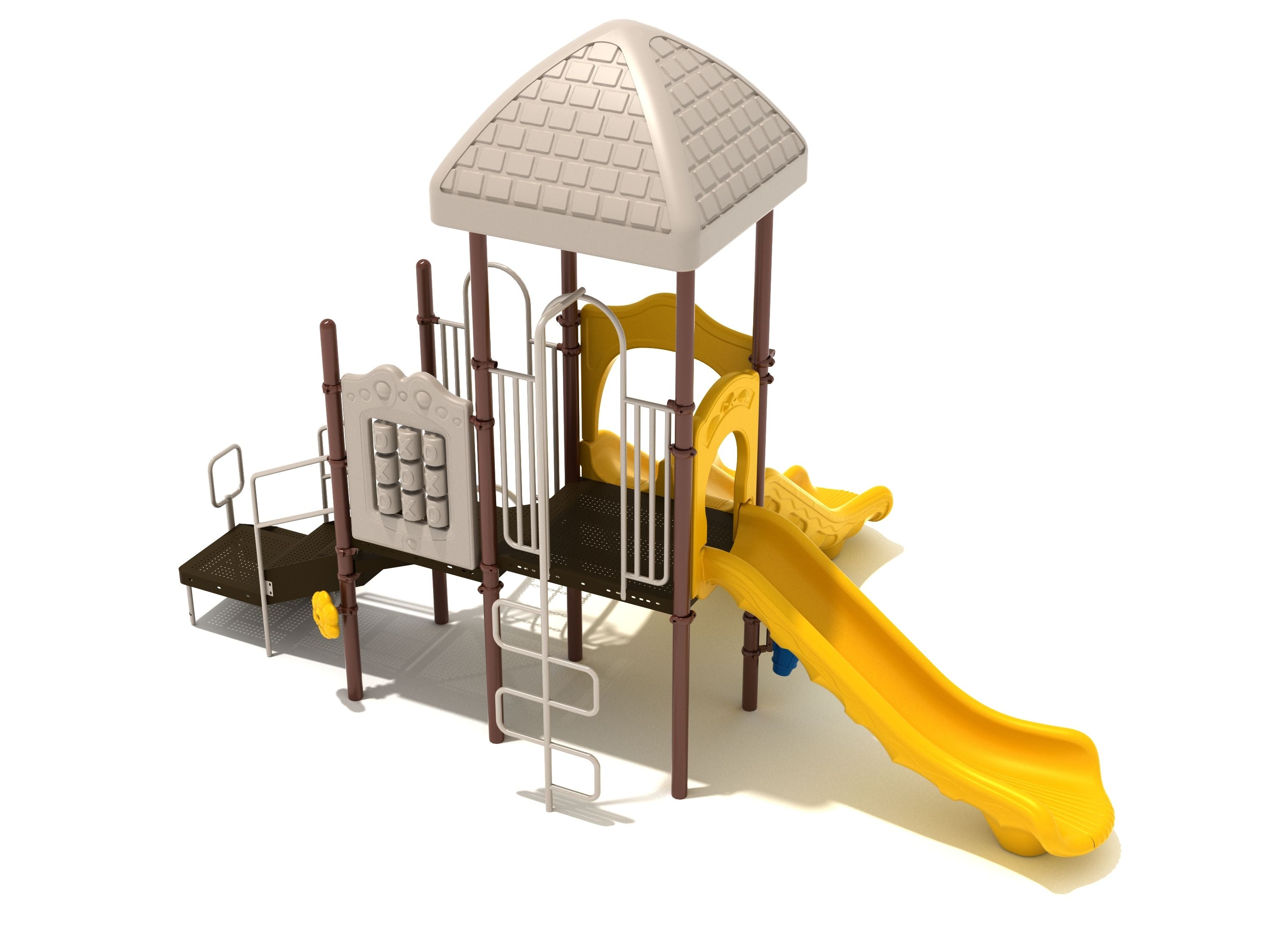 Playground structure with yellow single and double slides, tic-tac-toe panel, climbing ladder, and roofed platform.