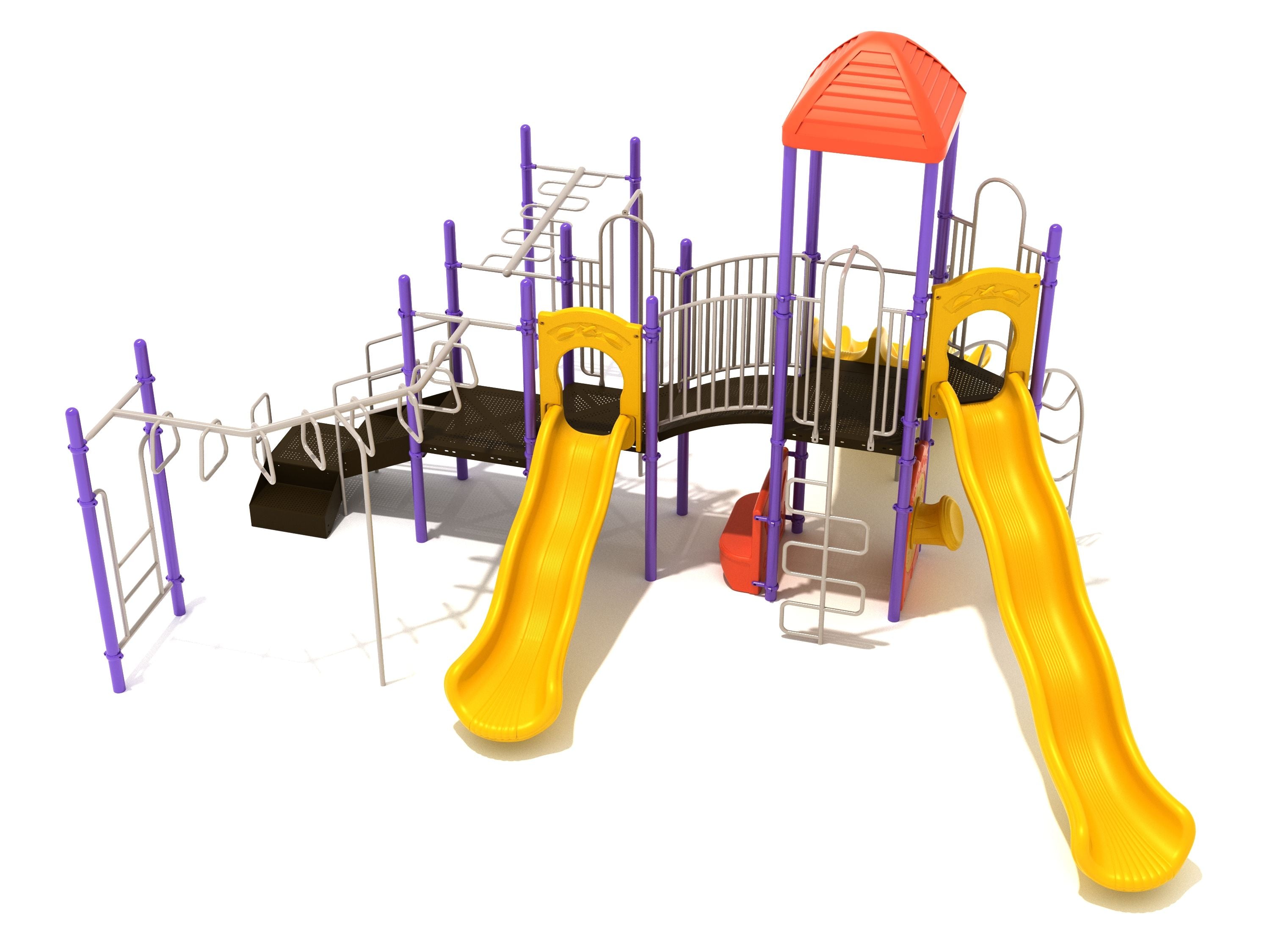 Minocqua Playground with yellow wave slides, purple posts, climbing ladders, and red-roofed platform in outdoor play area