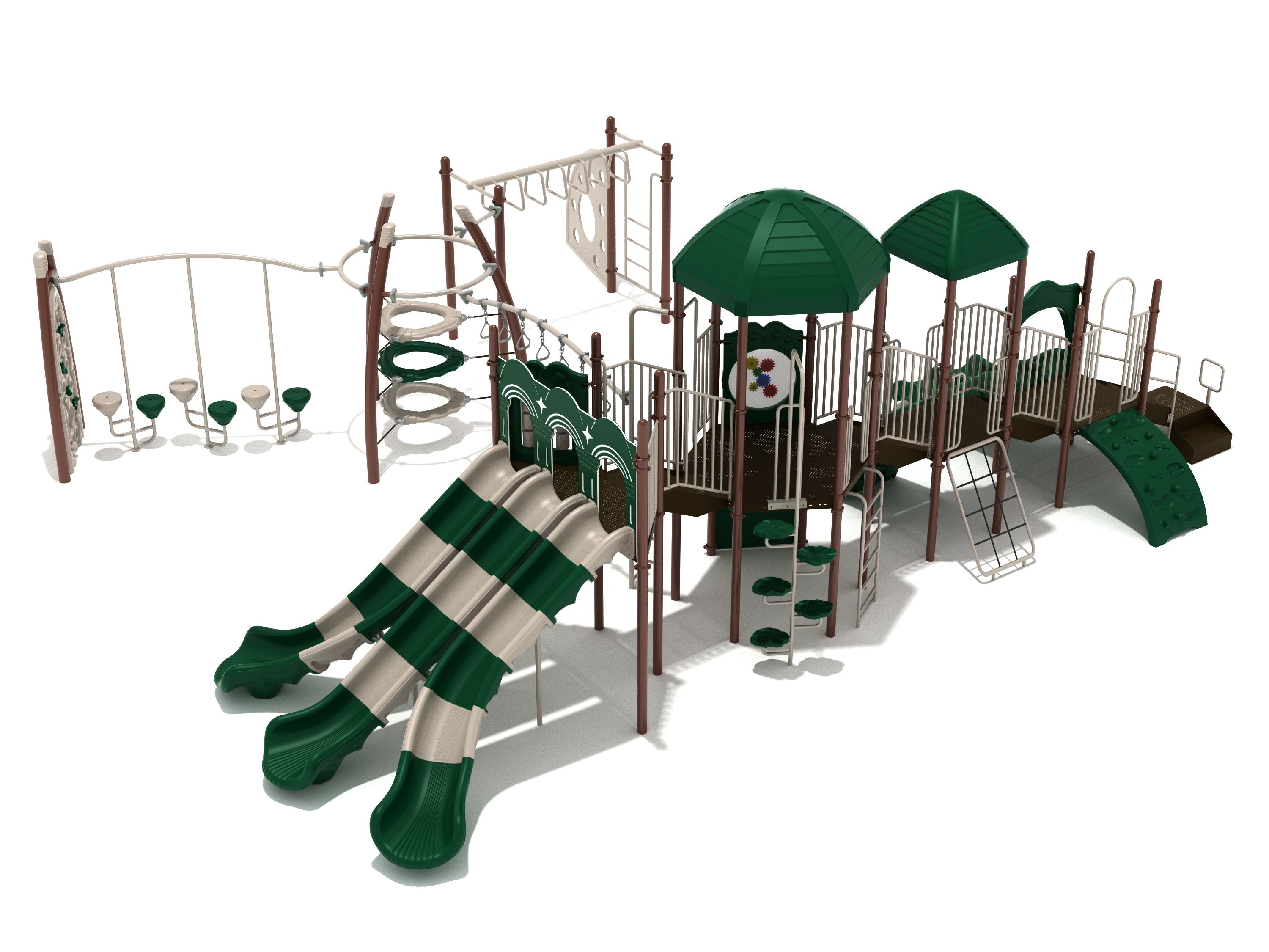 Huntsville Playground large play system with triple slides, climbing structures, overhead rungs, and game panels in green and beige