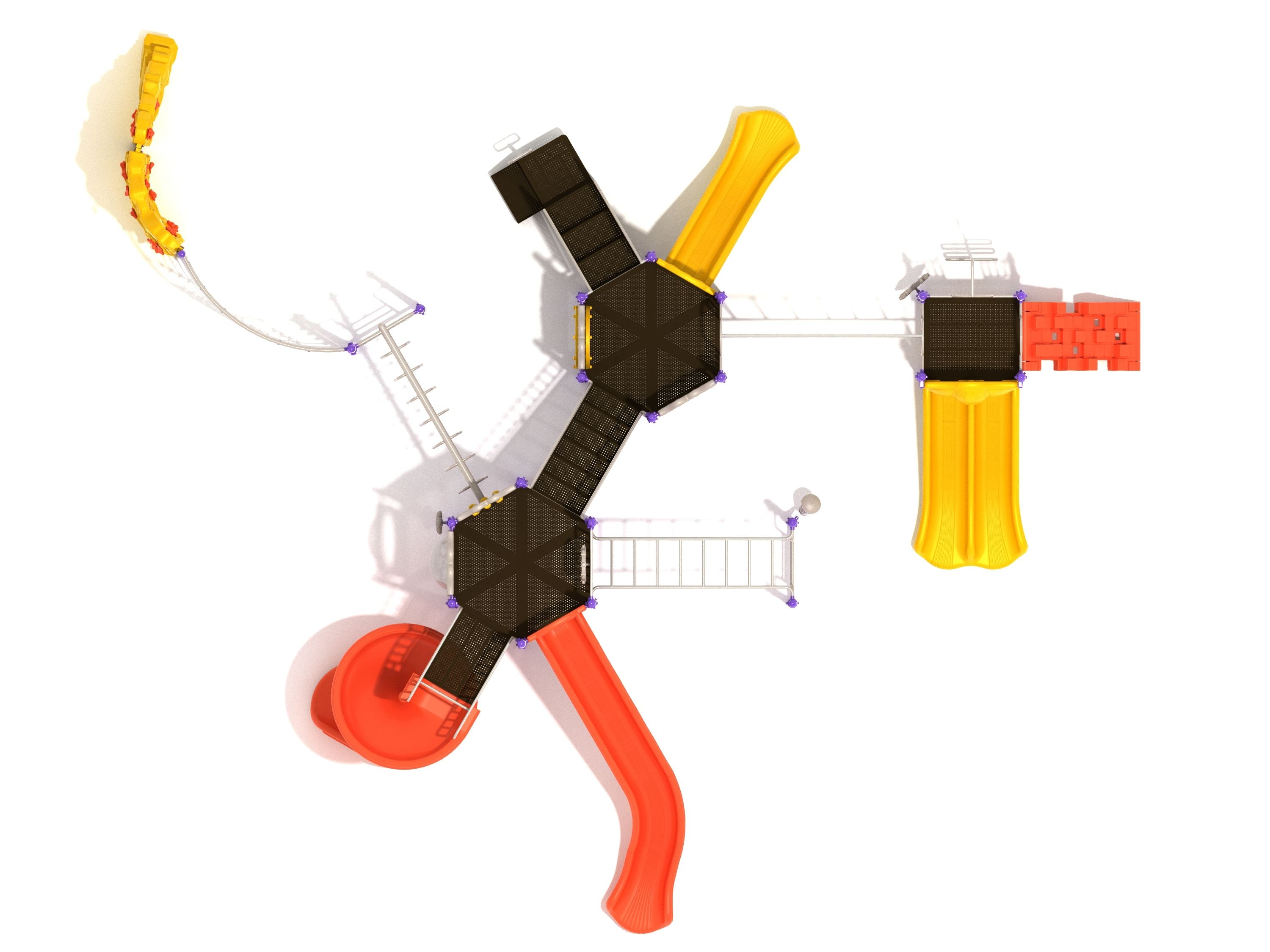 Overhead view of a large playground structure with multiple platforms, yellow and orange slides, and various climbers including loop ladder and net climbers.