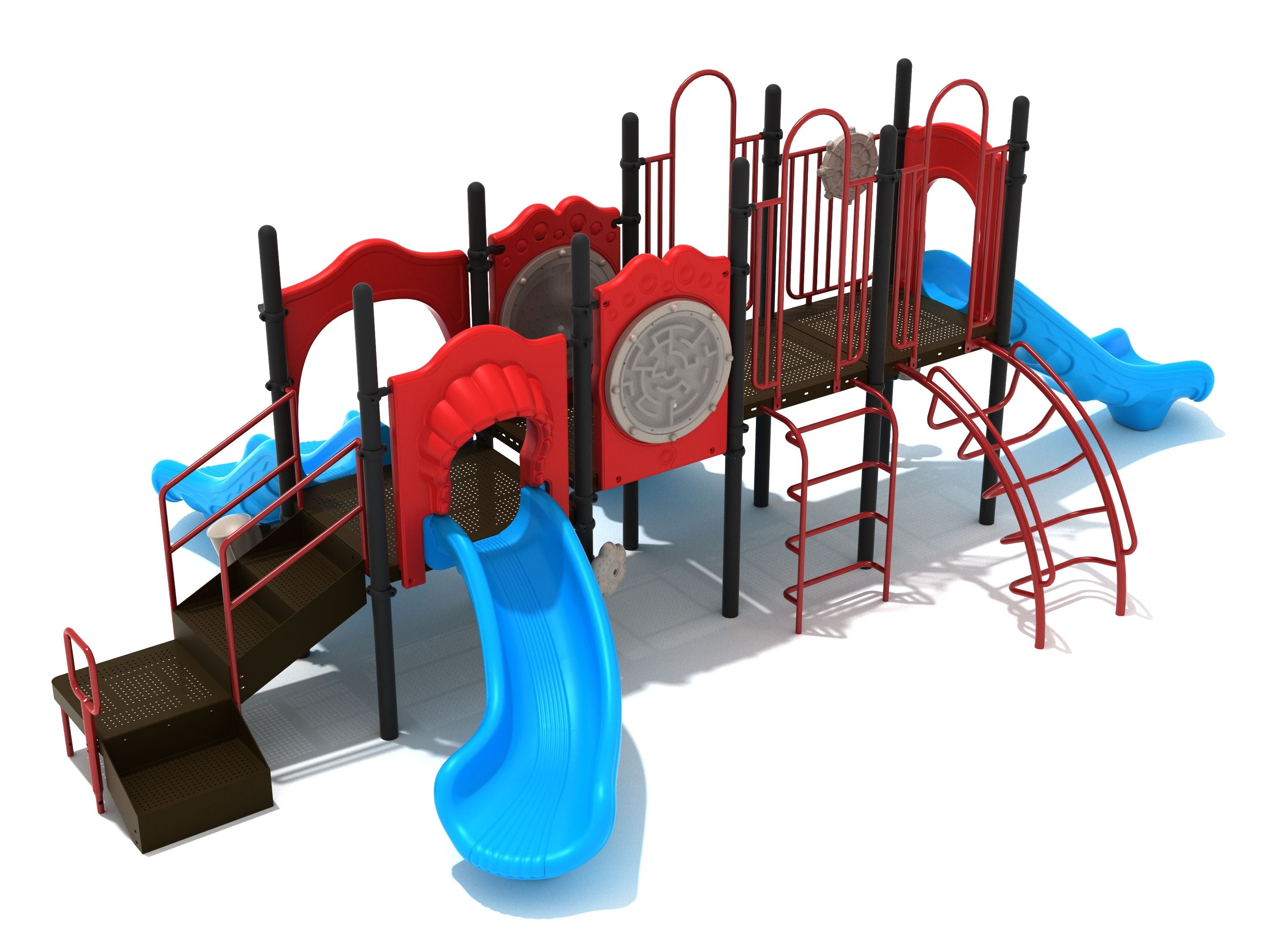 Playground structure with blue slides, red climbing frames, interactive panels, and brown platforms