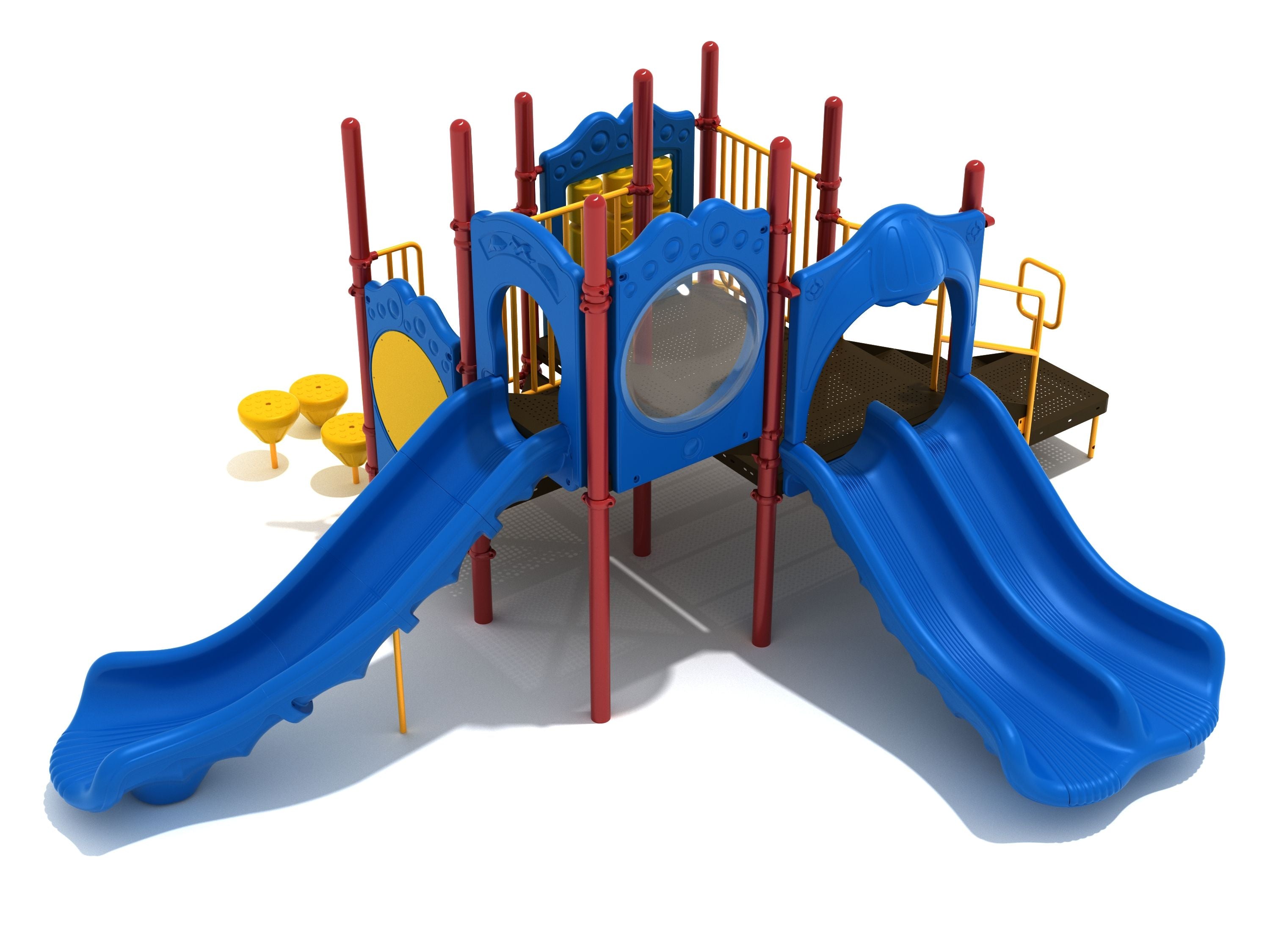 Colorful playground structure with blue slides, red poles, yellow climbing steps, bubble window, maze and tic-tac-toe panels.