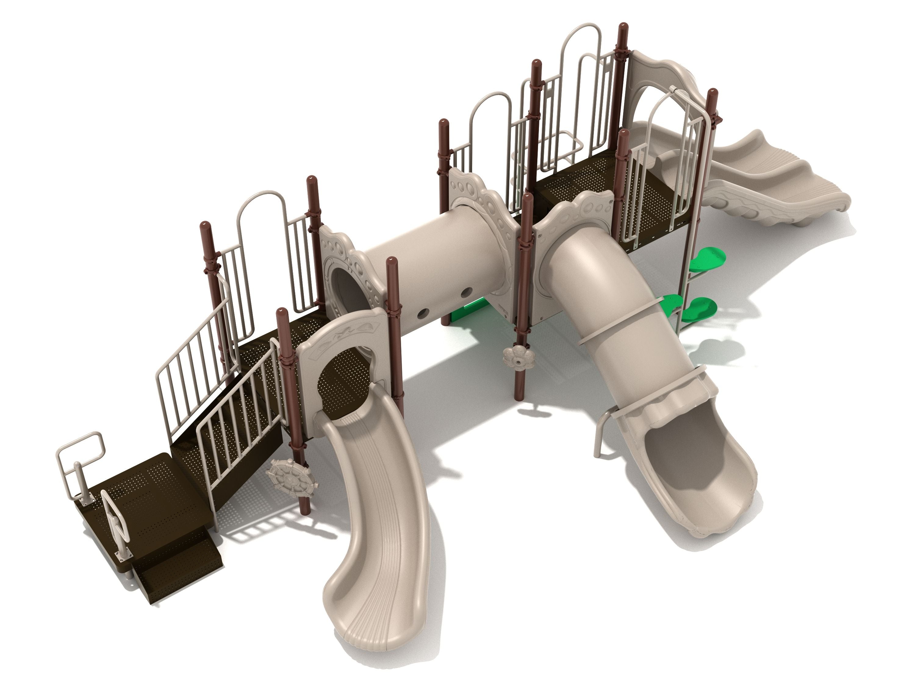 Beige and brown playground structure with three slides, tube bridge, and green climbing steps viewed from an angle
