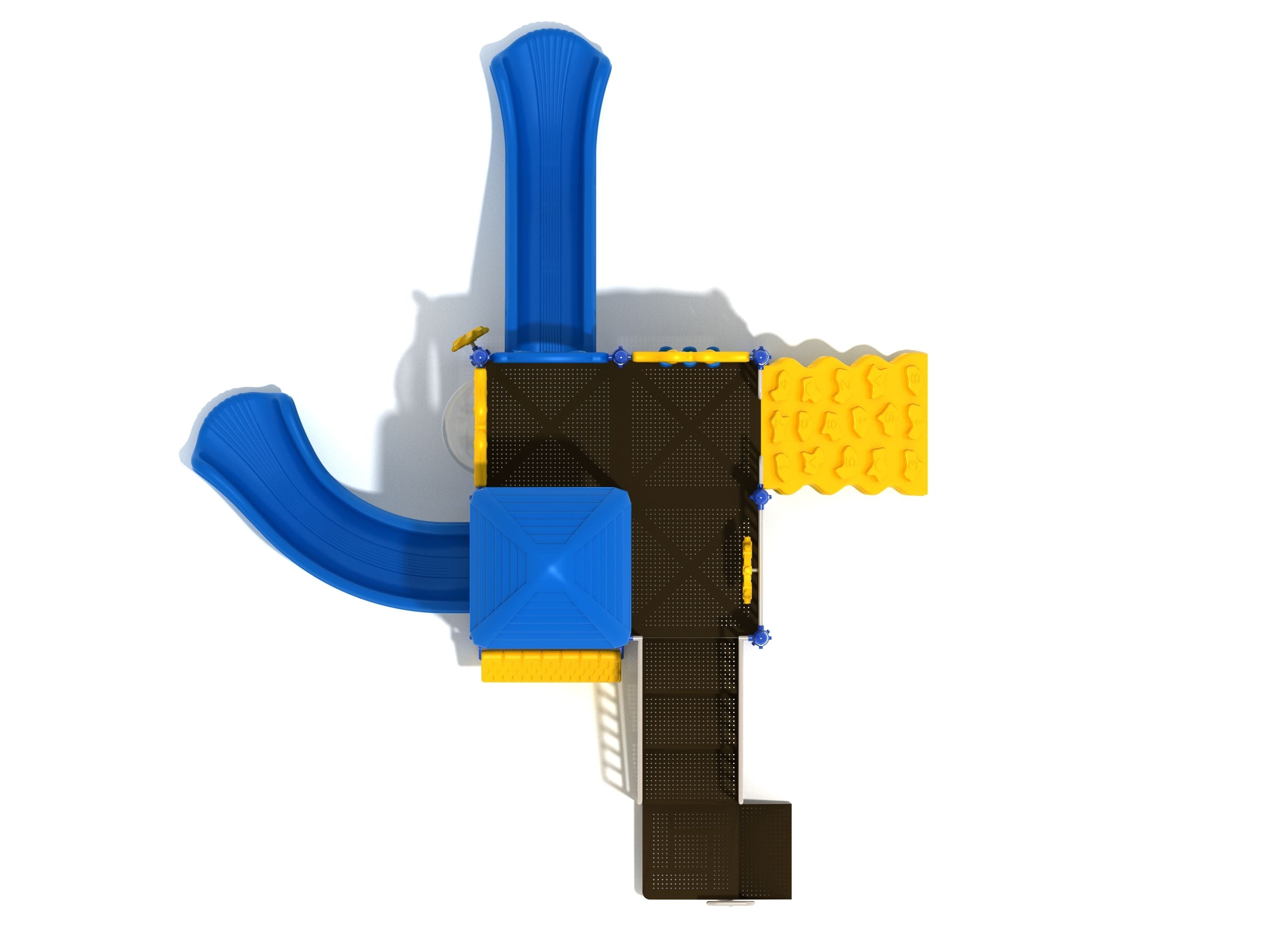 Overhead view of compact playground with blue slides, yellow climbing wall, interactive panels, and dark platform