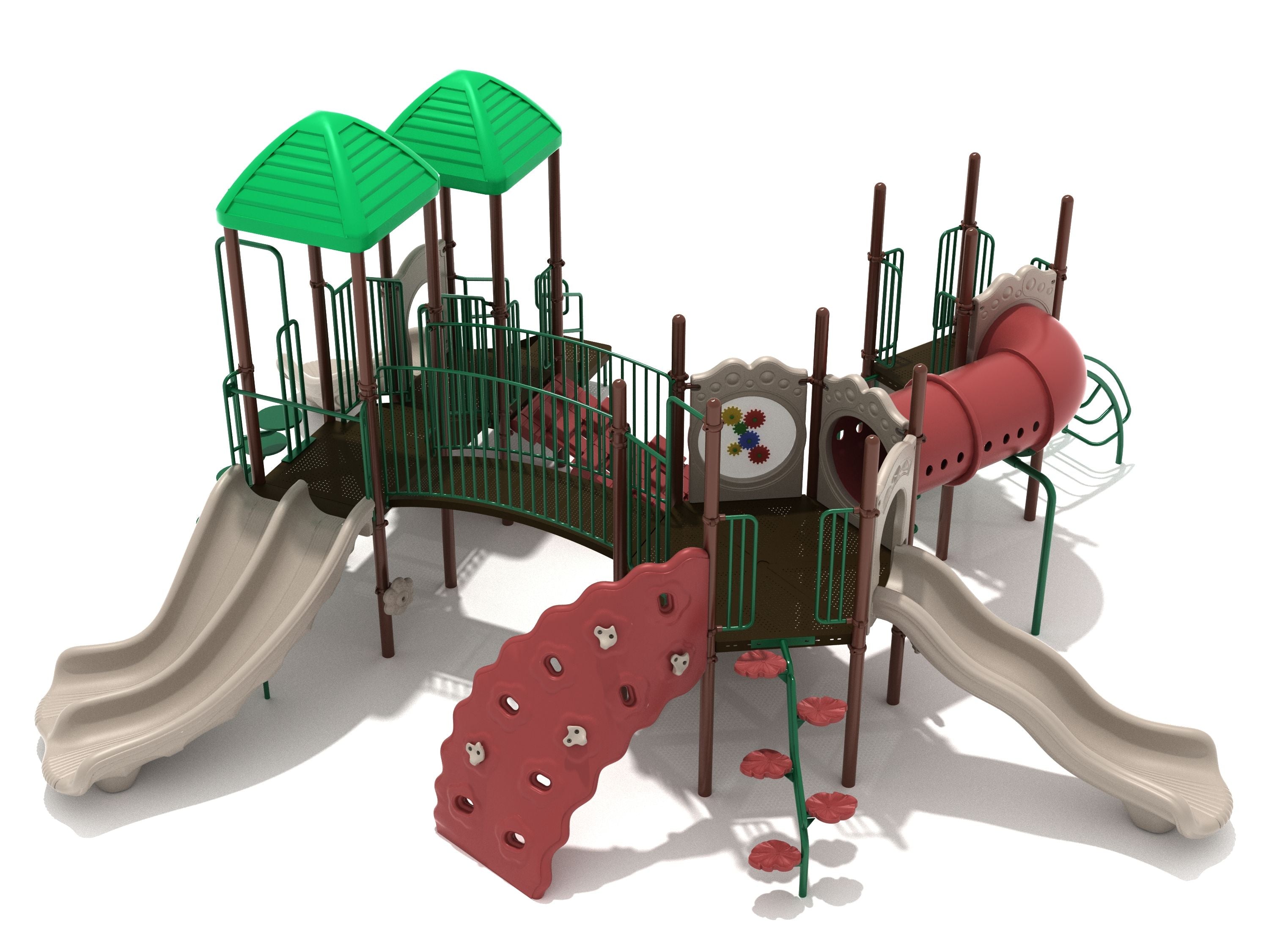 Large playground structure with green roofs, dual beige slides, red climbing wall, tube tunnel, and interactive panels