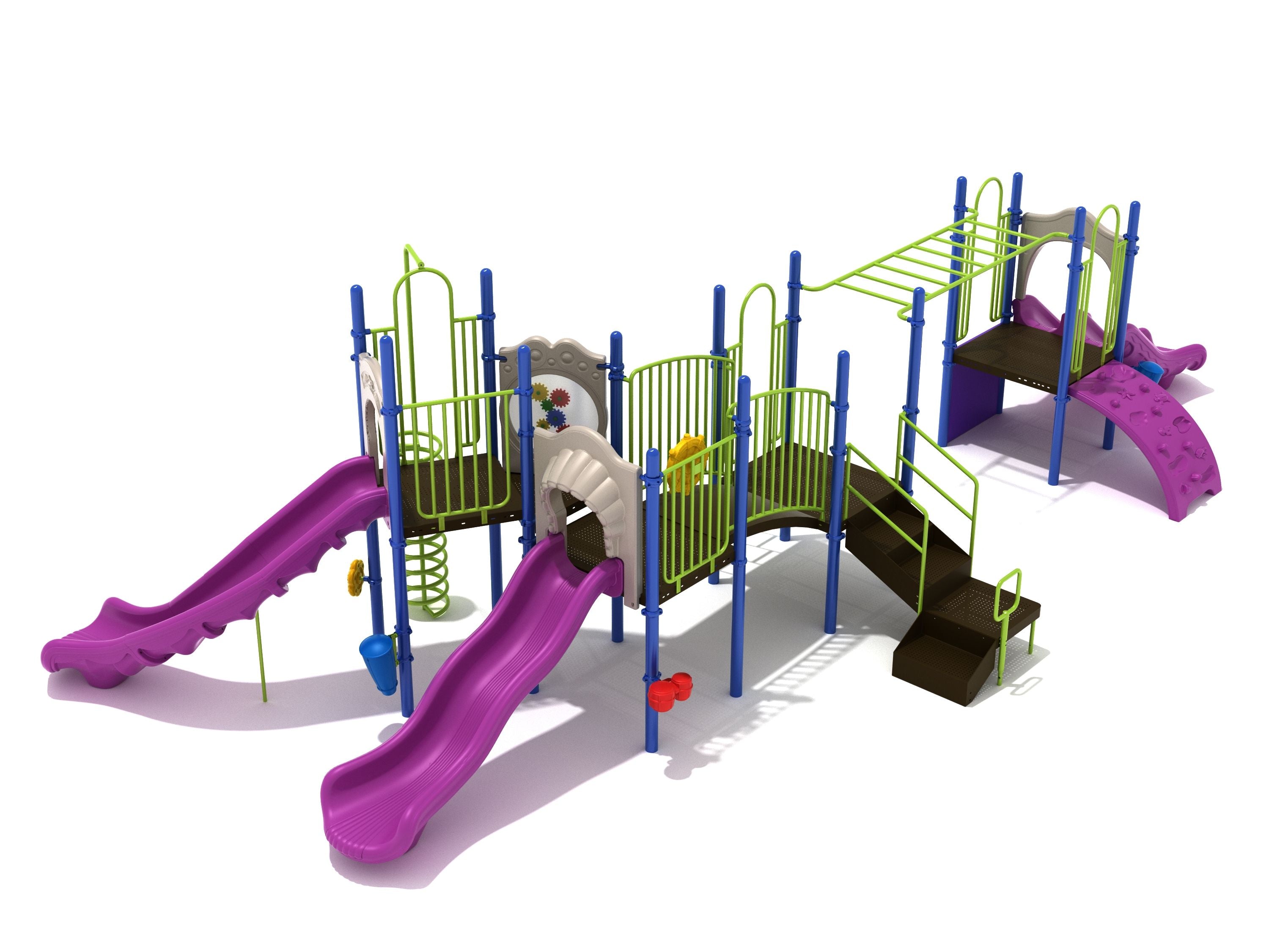 Colorful playground structure with multiple purple slides, green climbing elements, stairs, monkey bars, and various climbers including a spiral and rock wall.