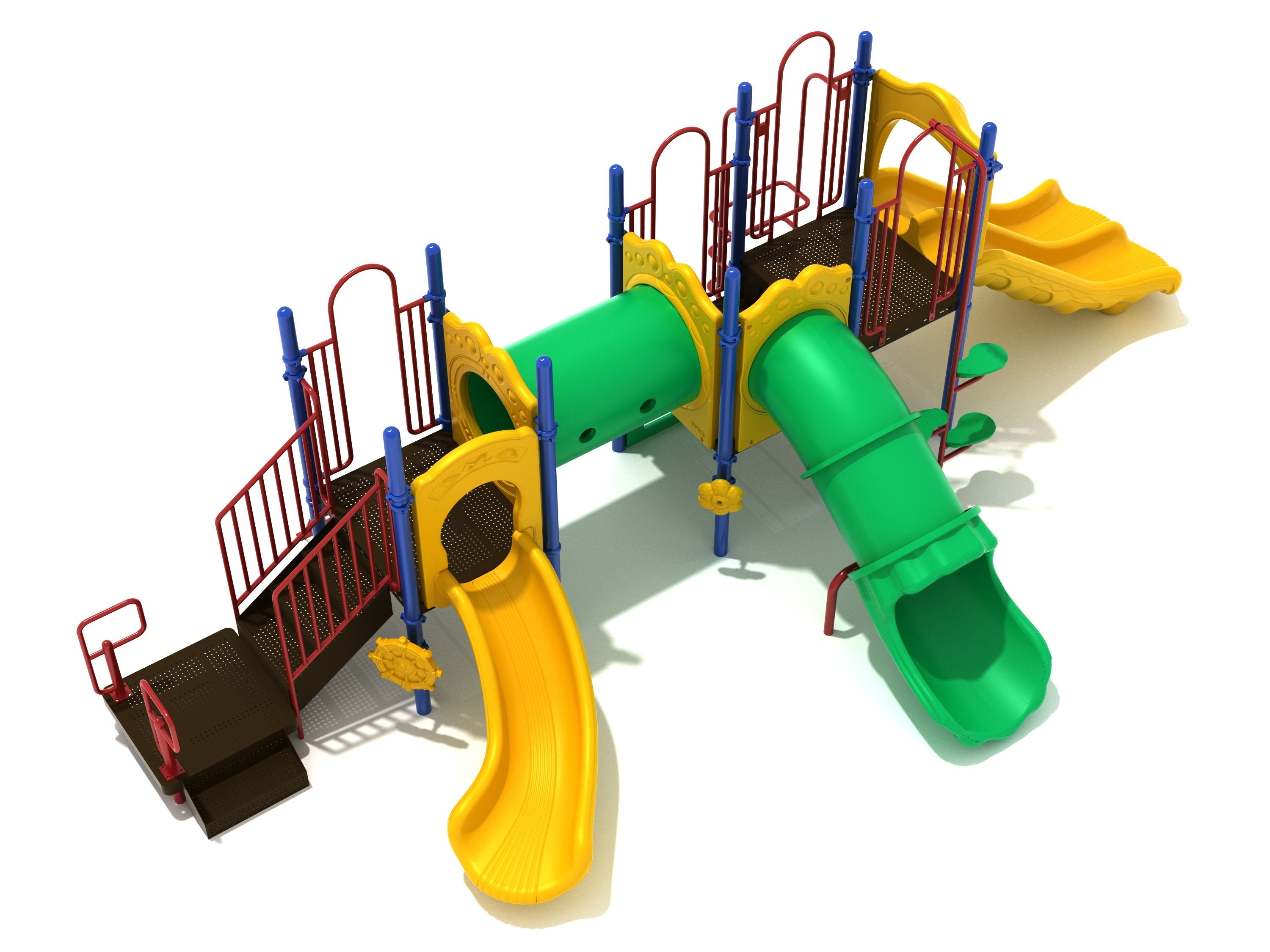 Baton Rouge Playground large play system with yellow right turn slide, green tube slide, double yellow wave slide, red railings, and tube bridge.