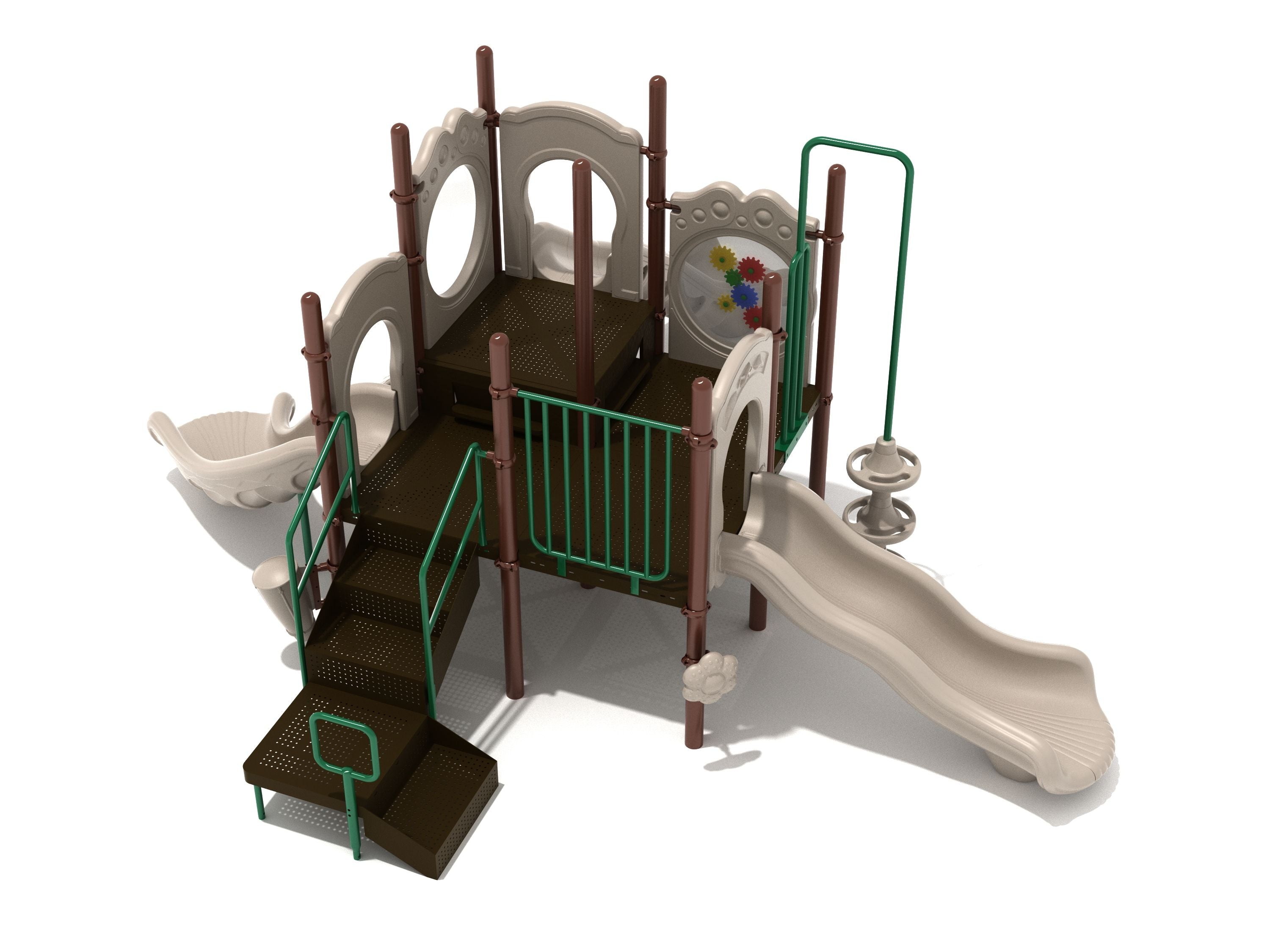 Compact playground structure with brown square deck, beige wave slide, green railings, climbing stairs, and activity panels.