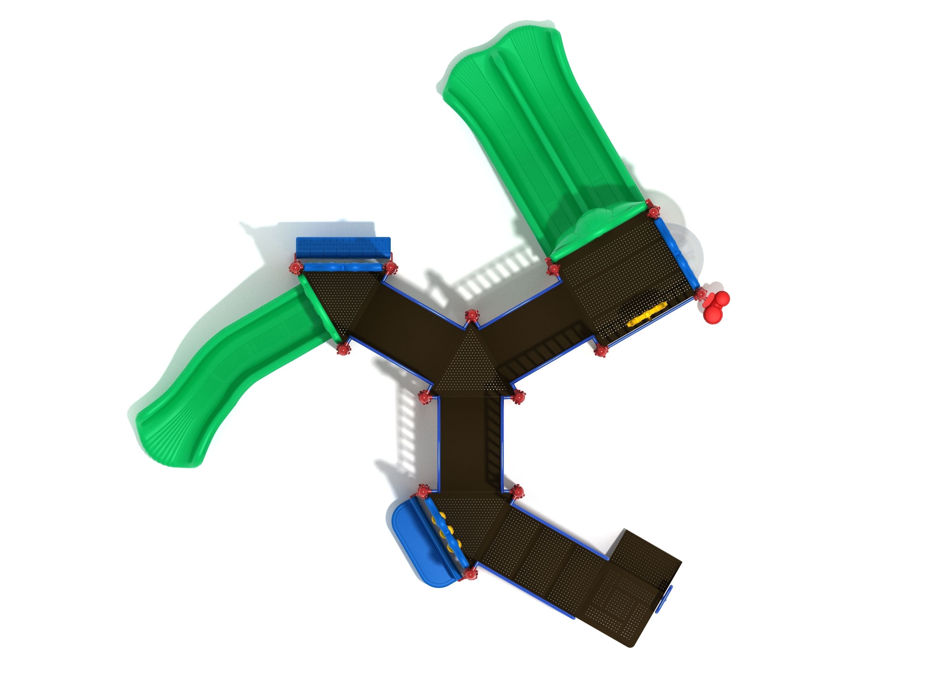 Overhead view of a three-wing playground structure with green slides, blue panels, red connectors, and arch bridges