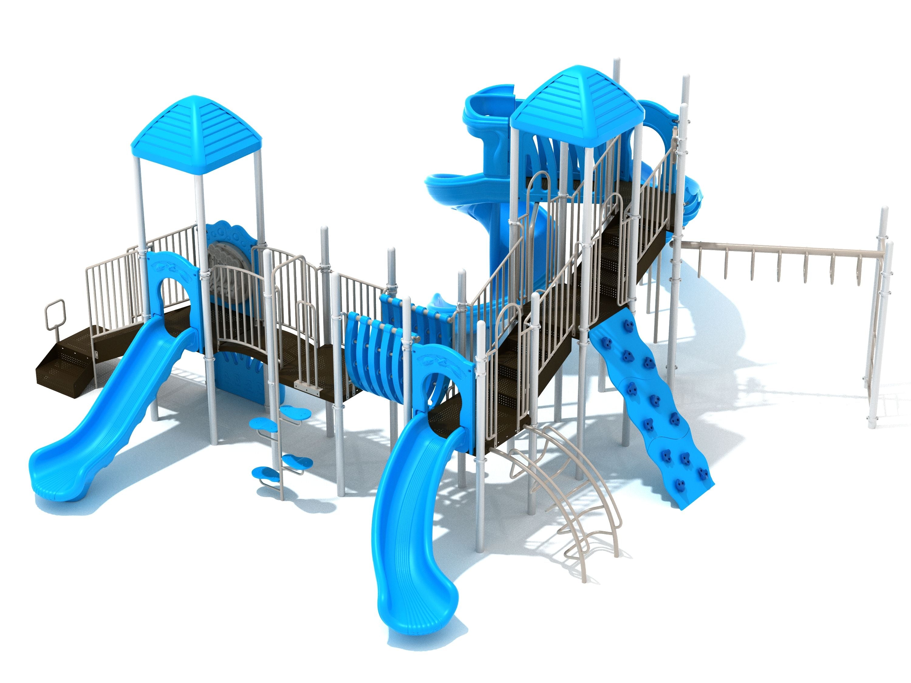 Middleberg Heights Playground with blue slides, climbing wall, monkey bars, play panels, and activity features on white background