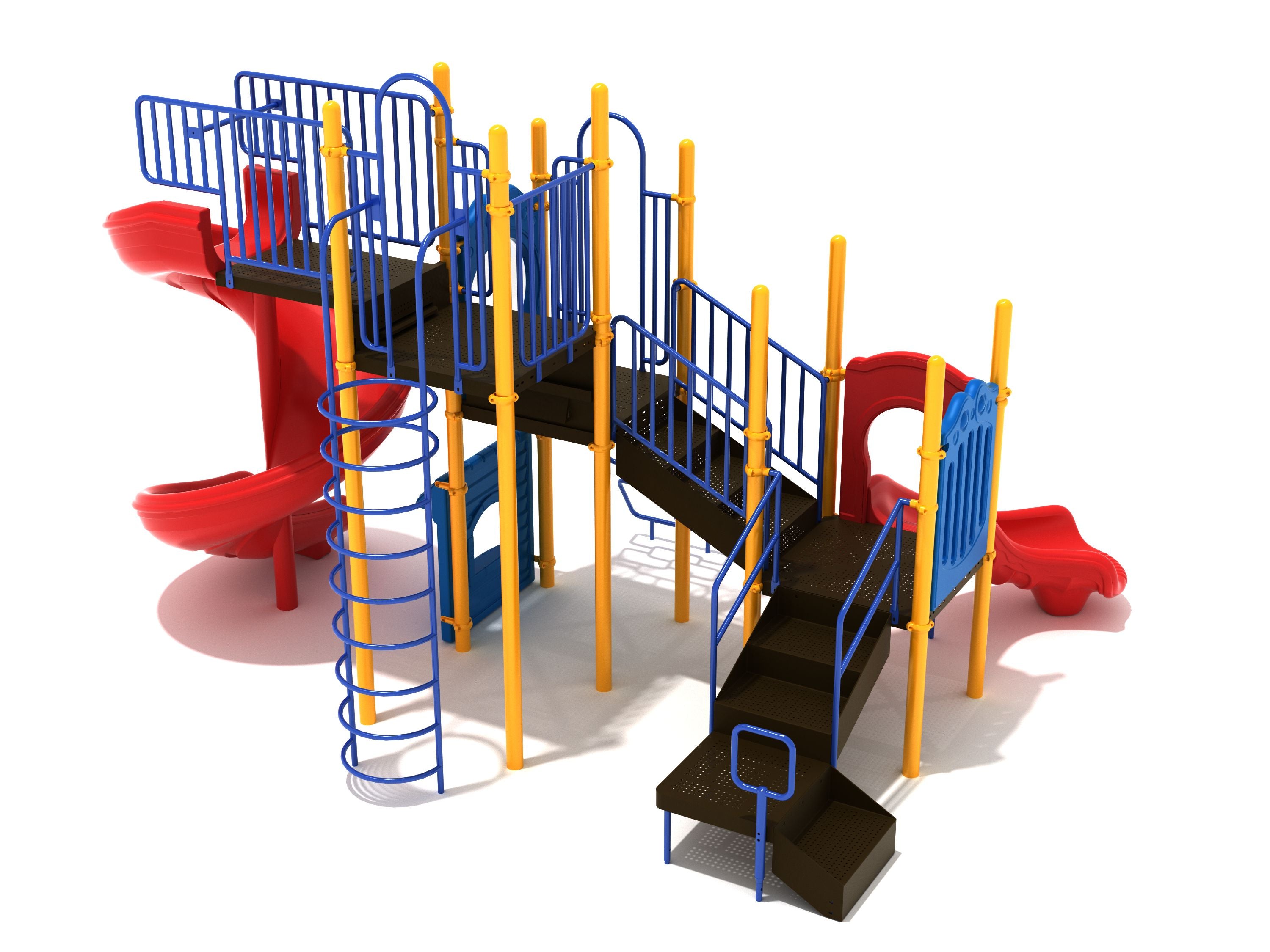 Colorful playground with blue railings, yellow posts, black platforms, spiral and straight red slides, and climbing features