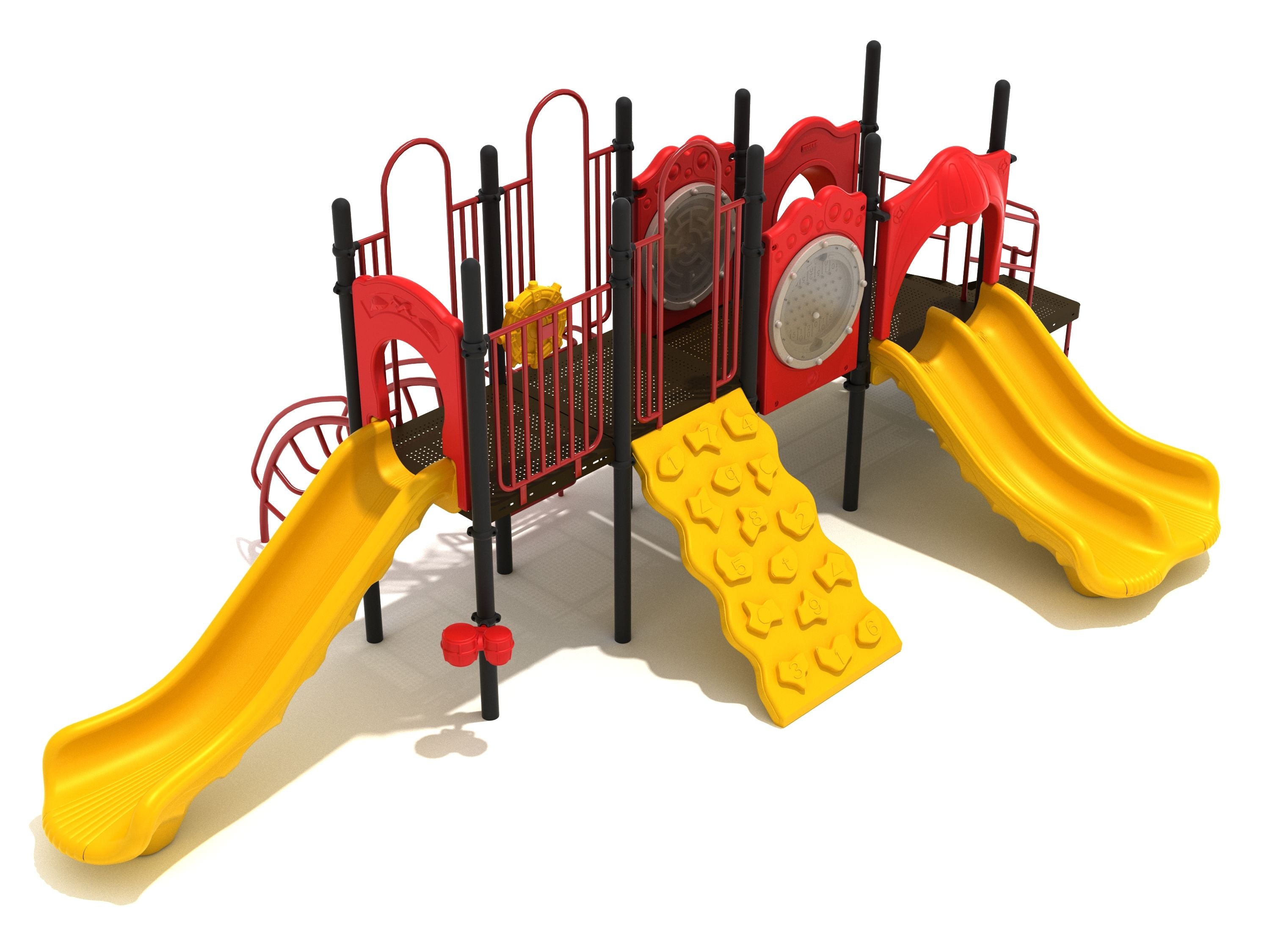 Linear playground structure with yellow slides, climbing wall, interactive panels, and red railings