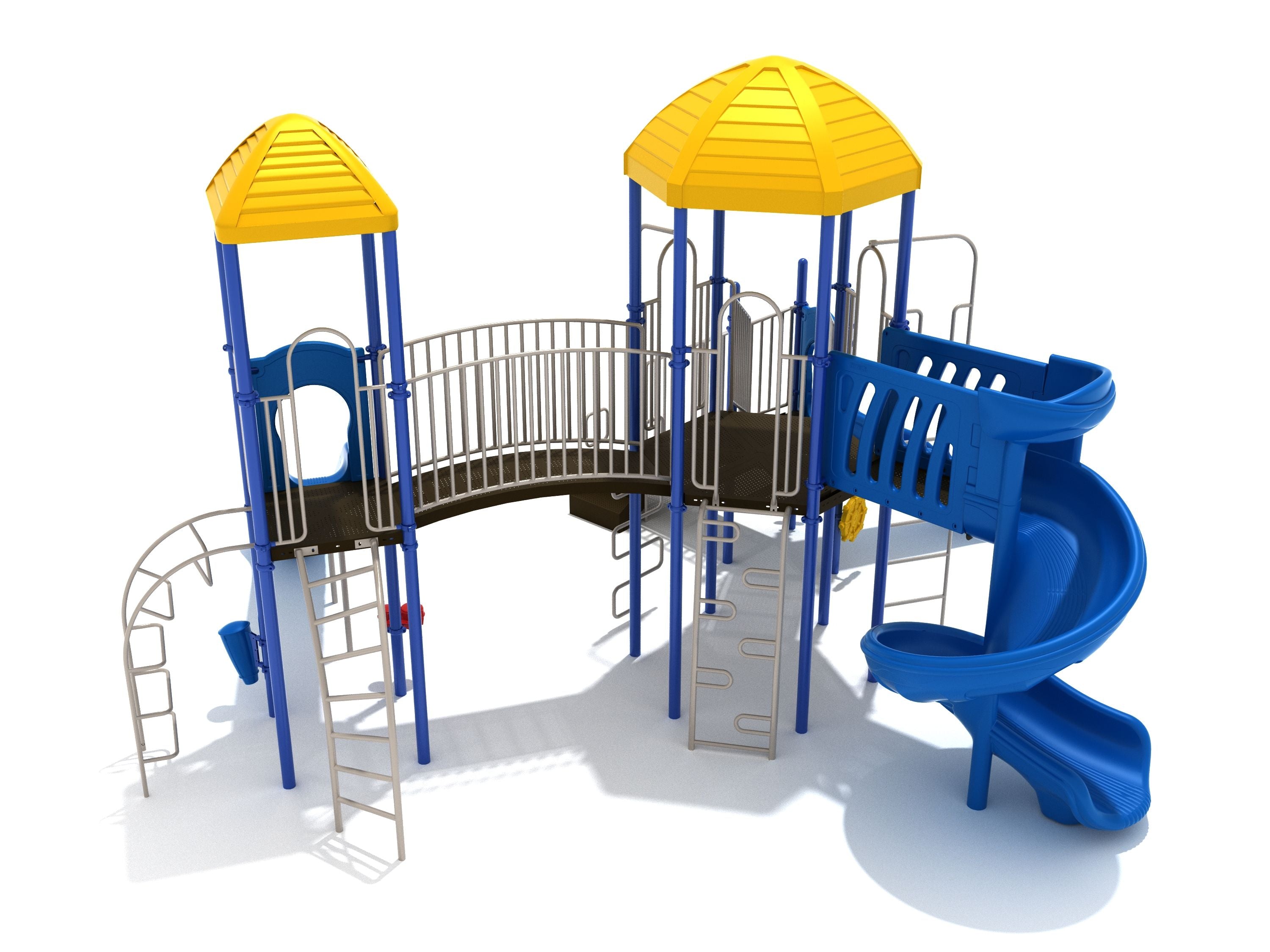 Playground structure with yellow roofs, blue spiral slide, metal climbing ladders, and connecting bridge
