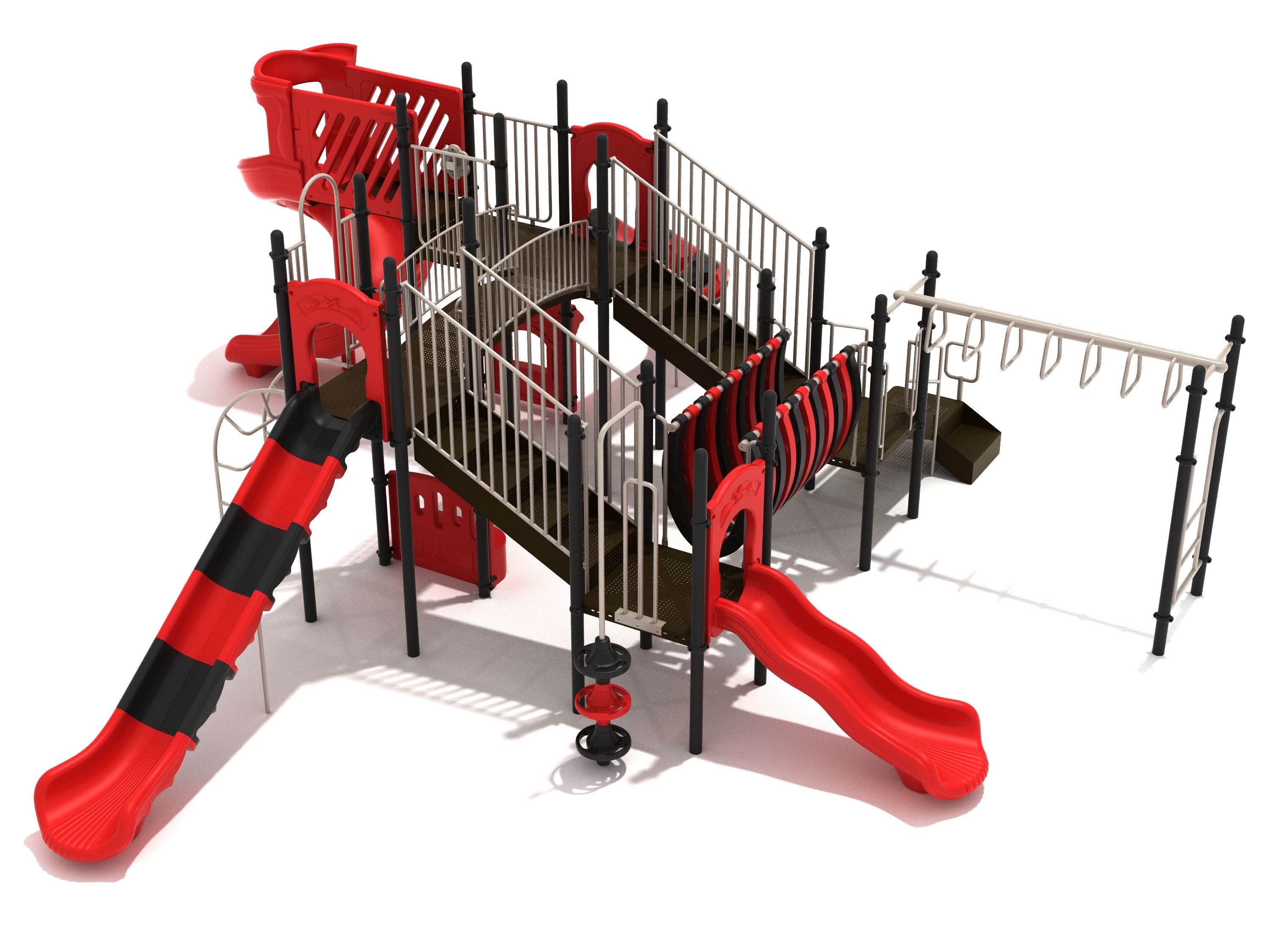 Red and black commercial playground equipment with bridges, climbers, monkey bars, and spiral, straight, and wave slides.