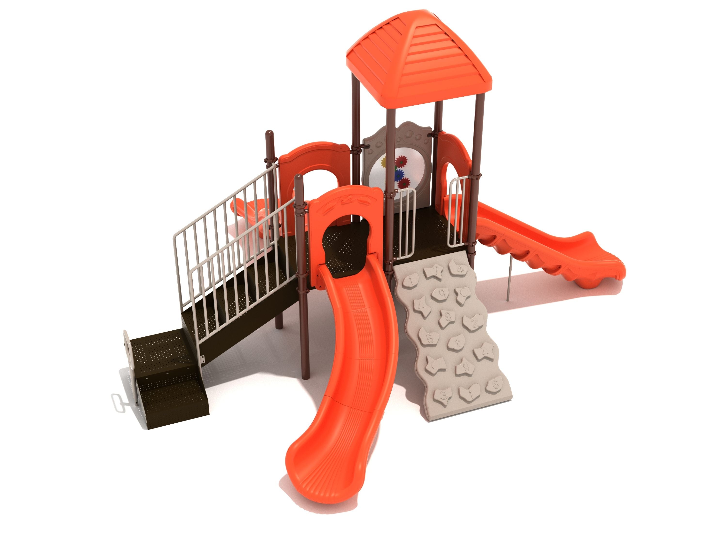 Frederick Playground large play system with orange slides, climbing wall, elevated platform, shaded roof, ship’s wheel, and store panel