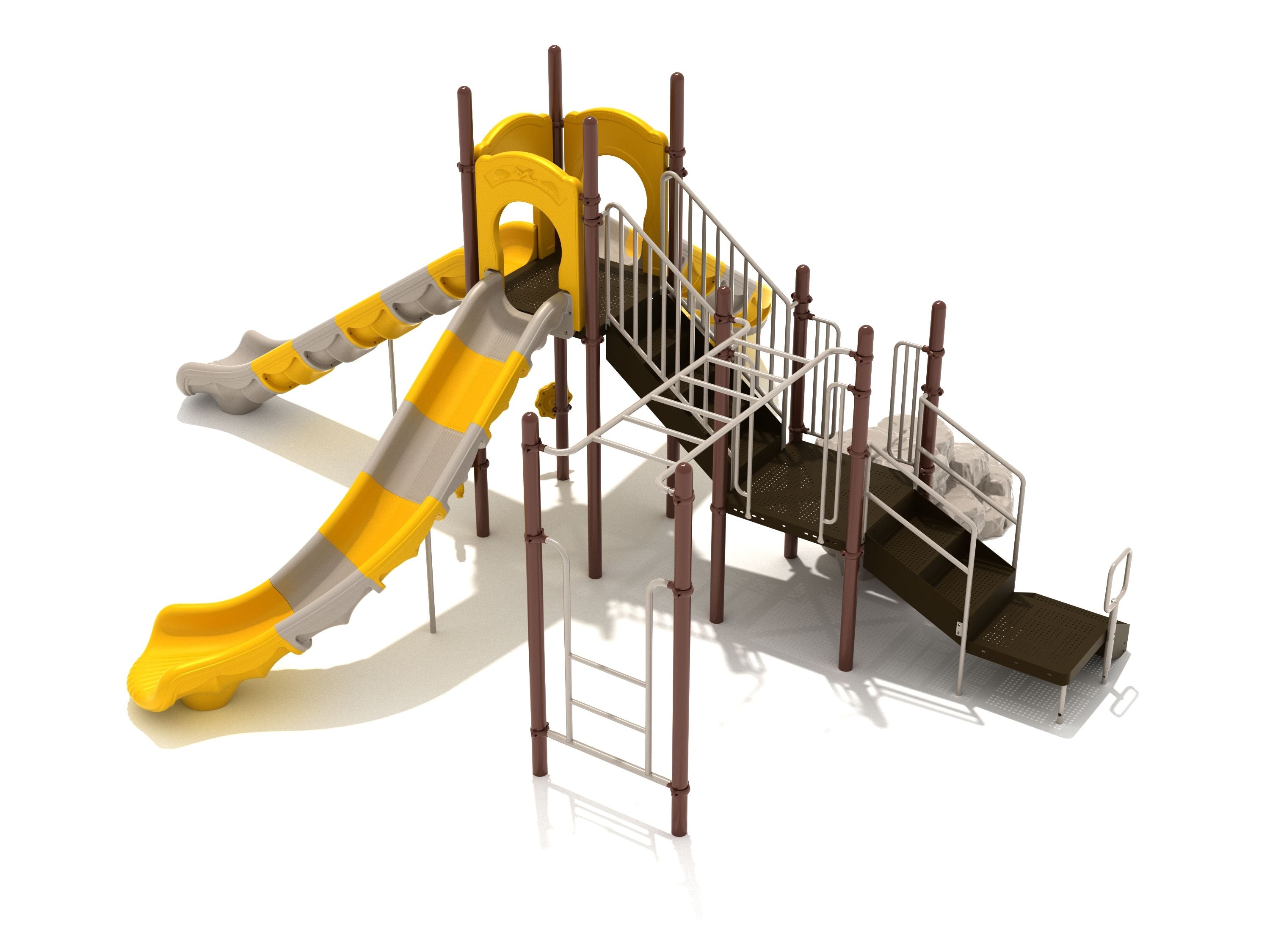 Playground structure with three yellow and gray slides, brown posts, climbing ladders, and a boulder climber