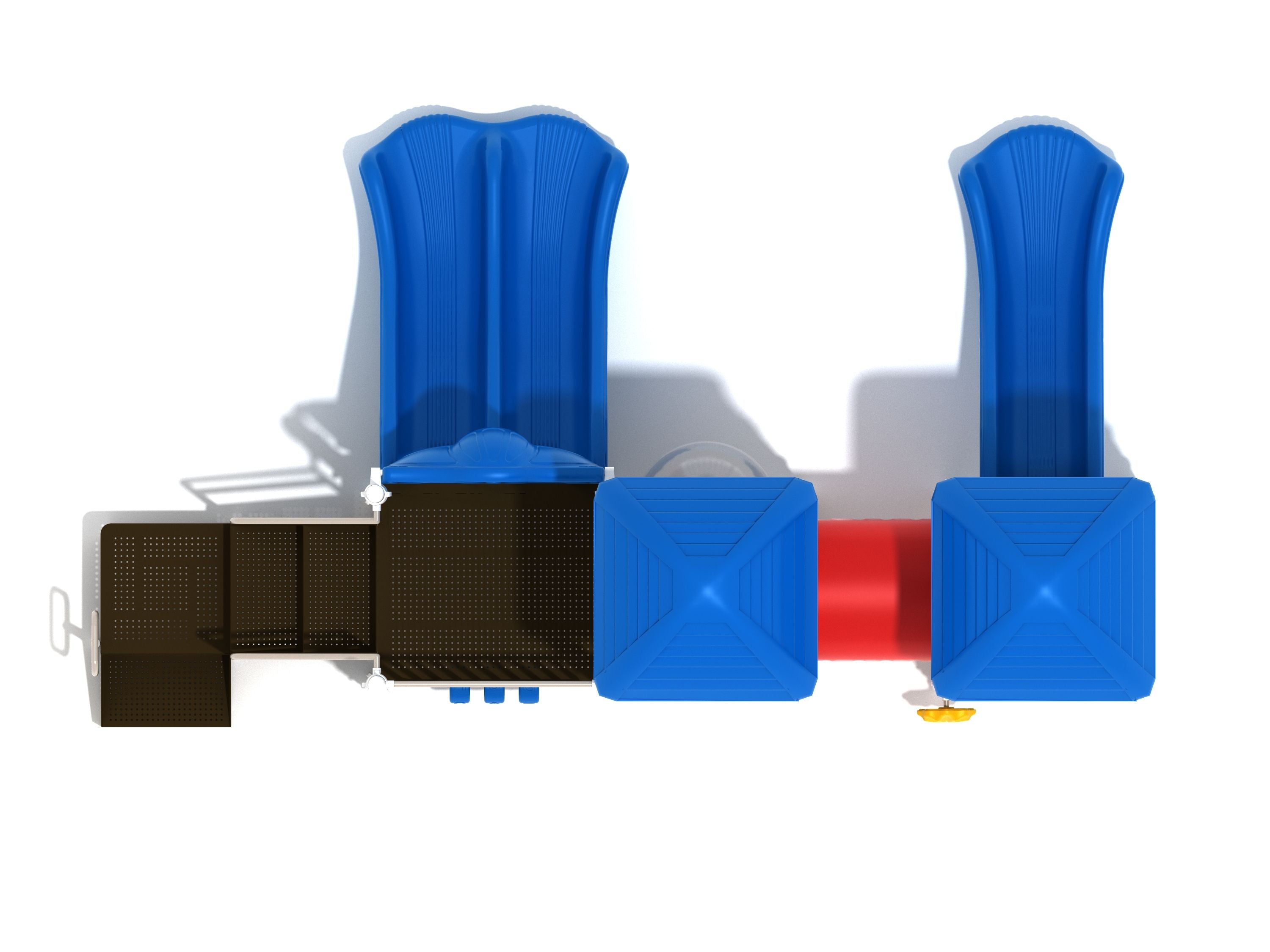Overhead view of preschool playground with three parallel blue slides, two blue-roofed platforms, and a red tube bridge