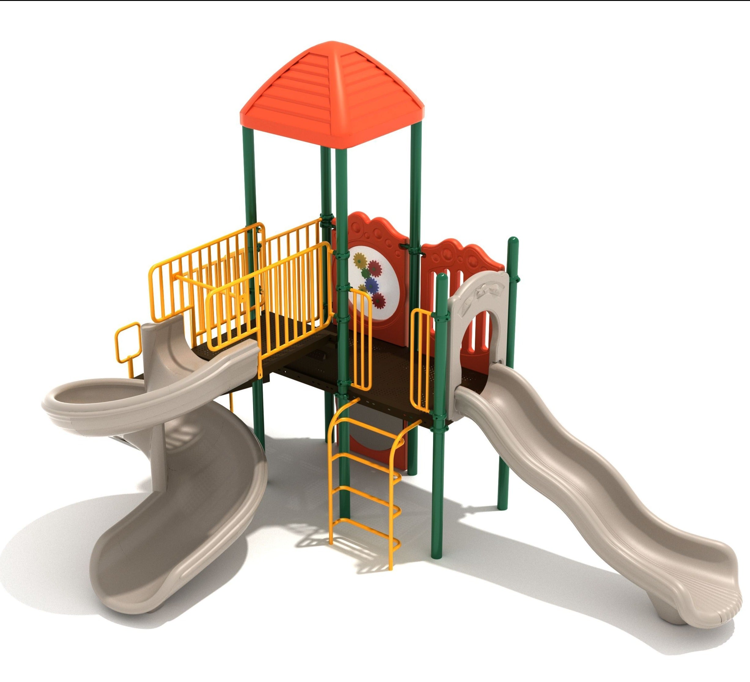 Alexandria Playground with autumnal colors, spiral and wave slides, gear panel, vertical ladder, shingled roof, and musical drum panel