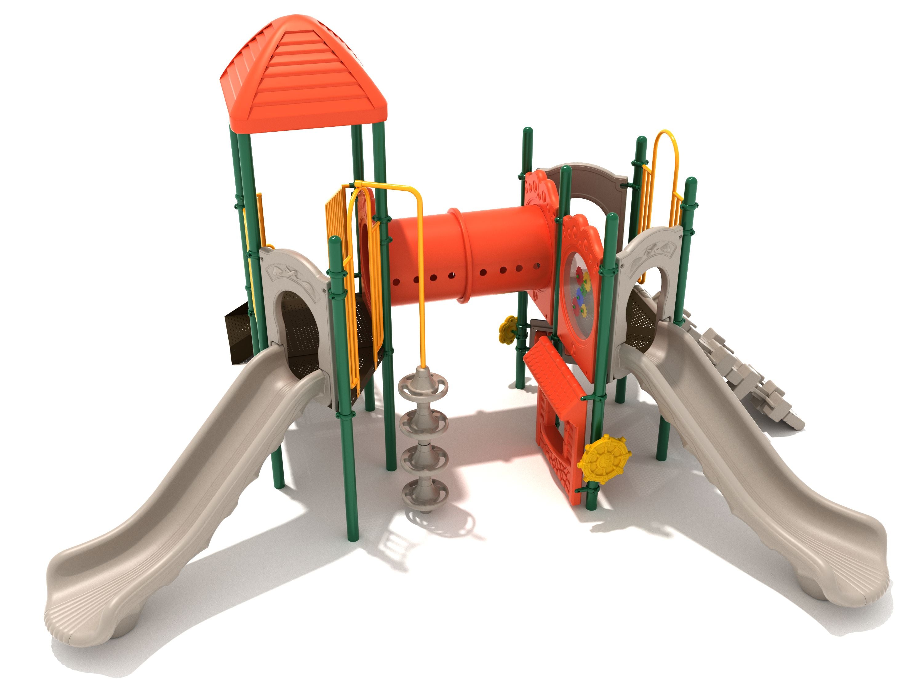 Vincennes Playground with three beige straight slides, orange suspended tube bridge, green posts, pixel and pod climbers, and interactive play panels
