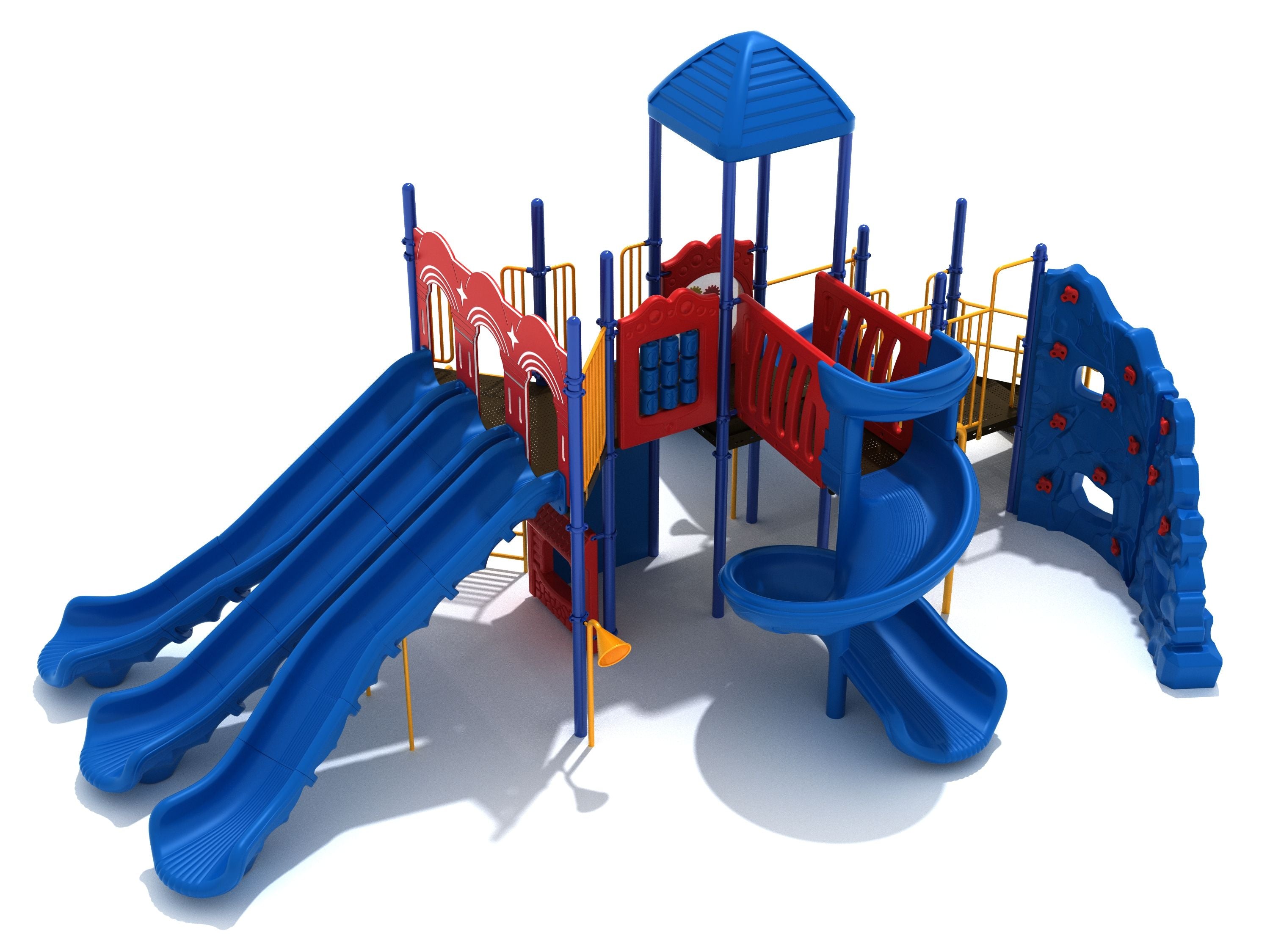 Red and blue commercial playground system with triple slides, spiral slide, rock climbing wall, and tic-tac-toe panel