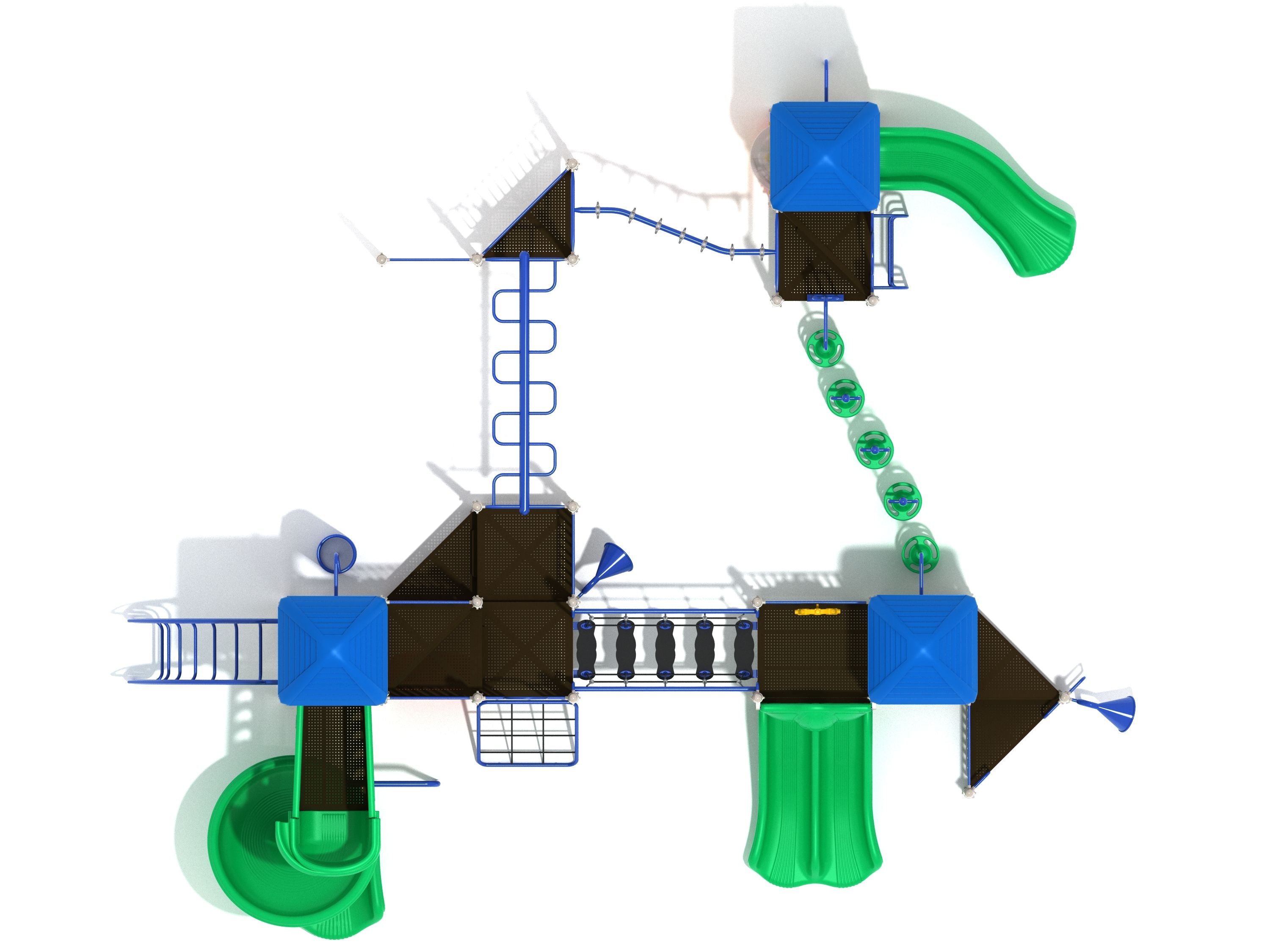 Overhead view of commercial playground with blue roofs, green slides, climbing structures, activity panels, and connected play zones