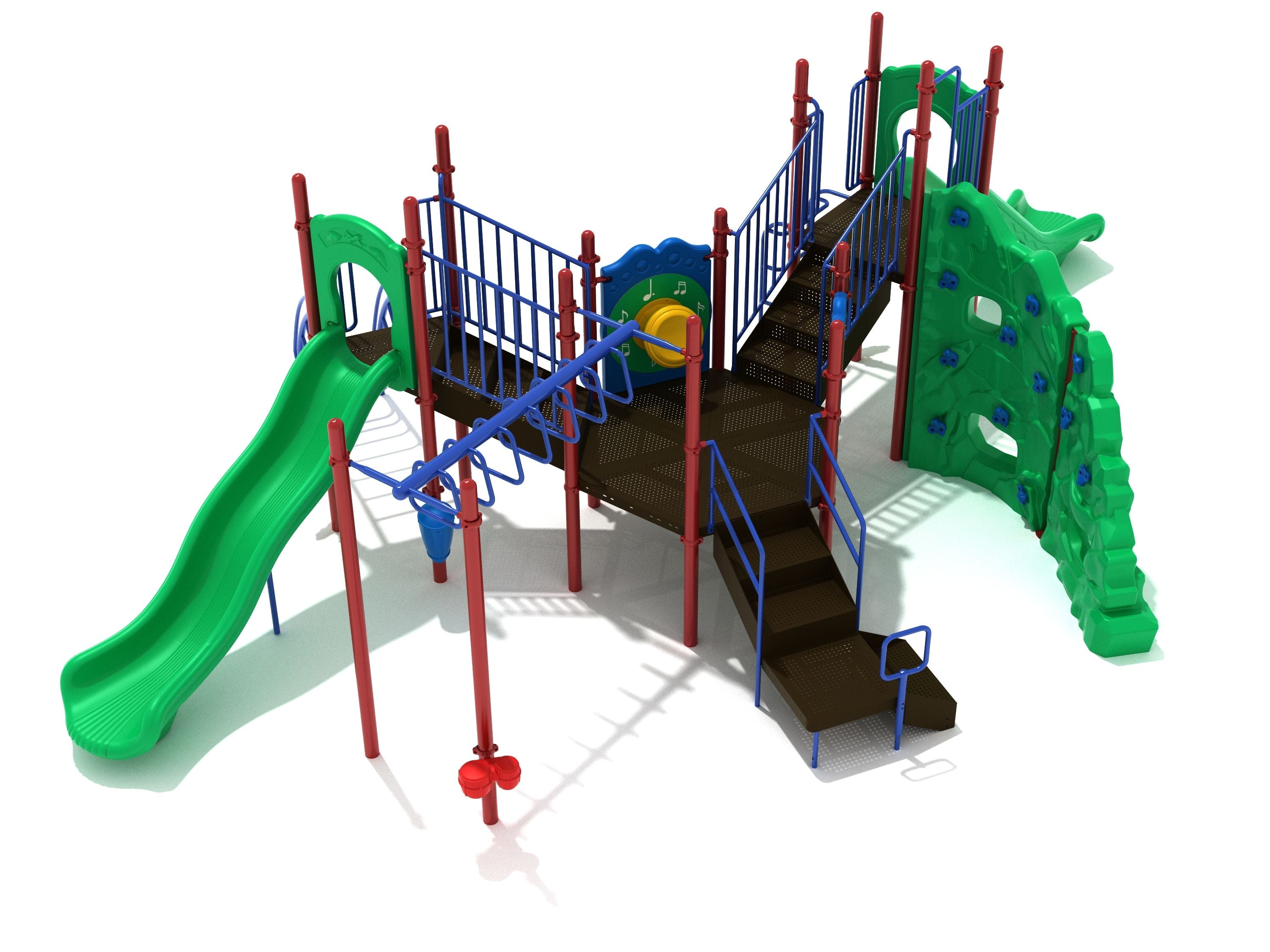 Tysons Corner Playground with hexagonal deck, central drum panel, green slides, climbing walls, and blue railings