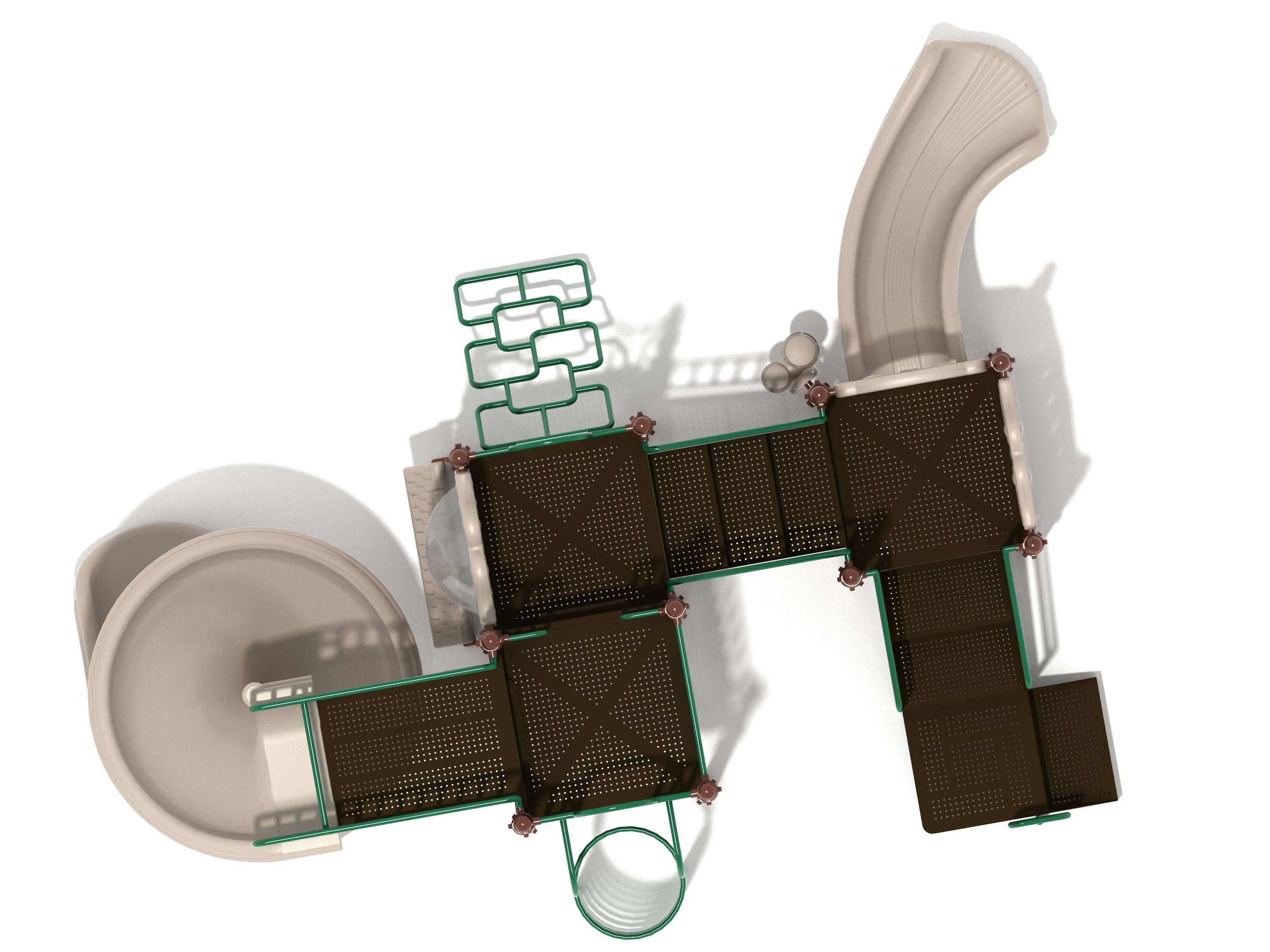 Overhead view of a modern playground with multiple platforms, spiral and curved slides, climbing elements, and interactive panels in neutral tones.