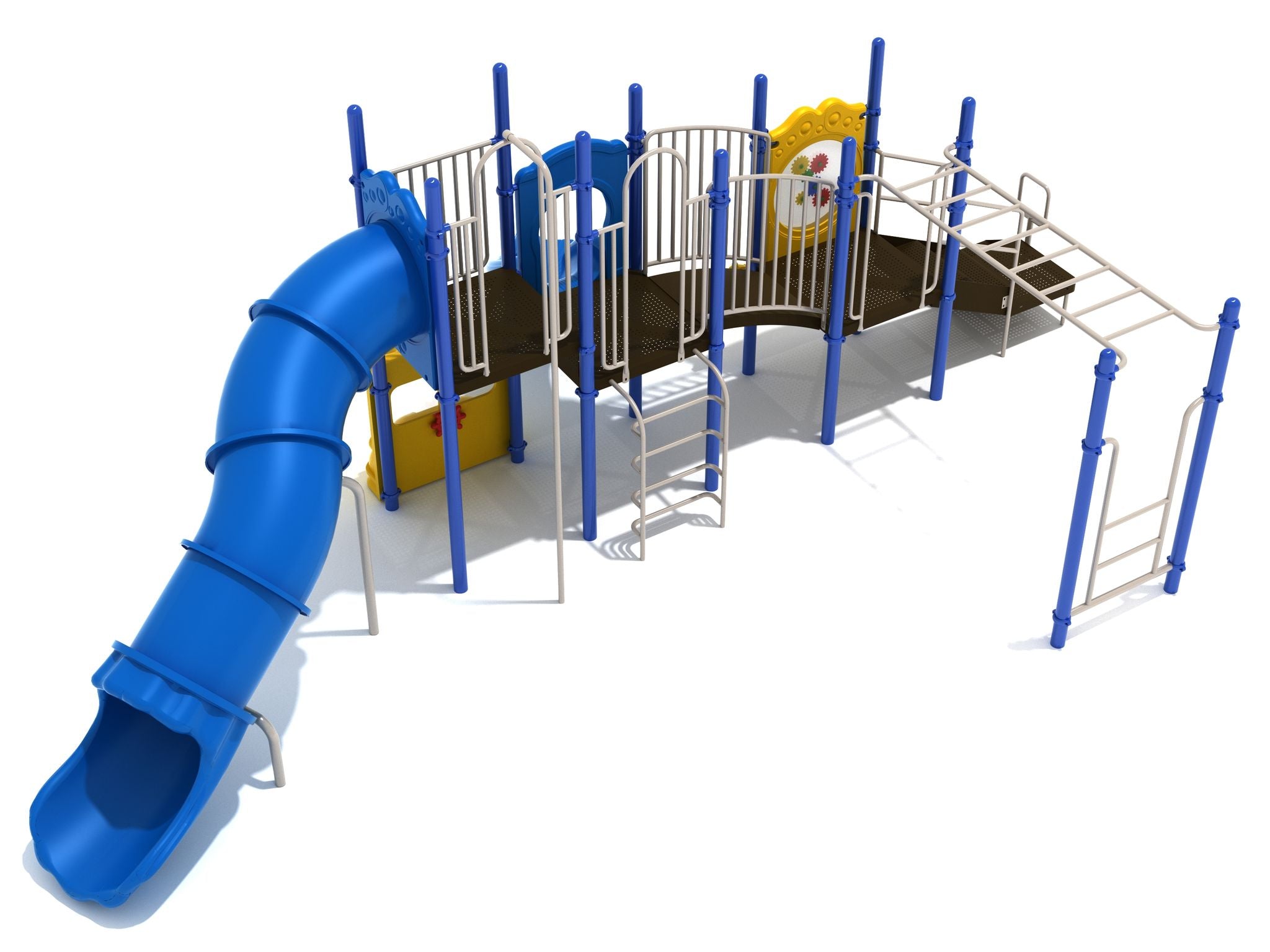 Lake Geneva Playground with blue curved tube slide, metal climbers, horizontal ladder, and yellow activity panel on large play system