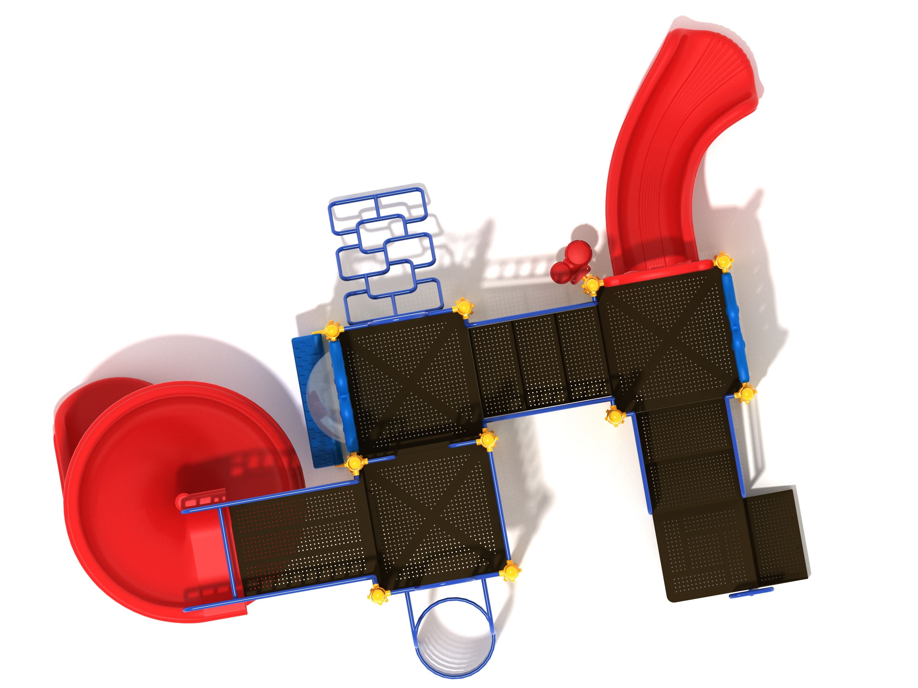 Overhead view of a modern playground with red spiral and curved slides, black platforms, and blue climbing frames