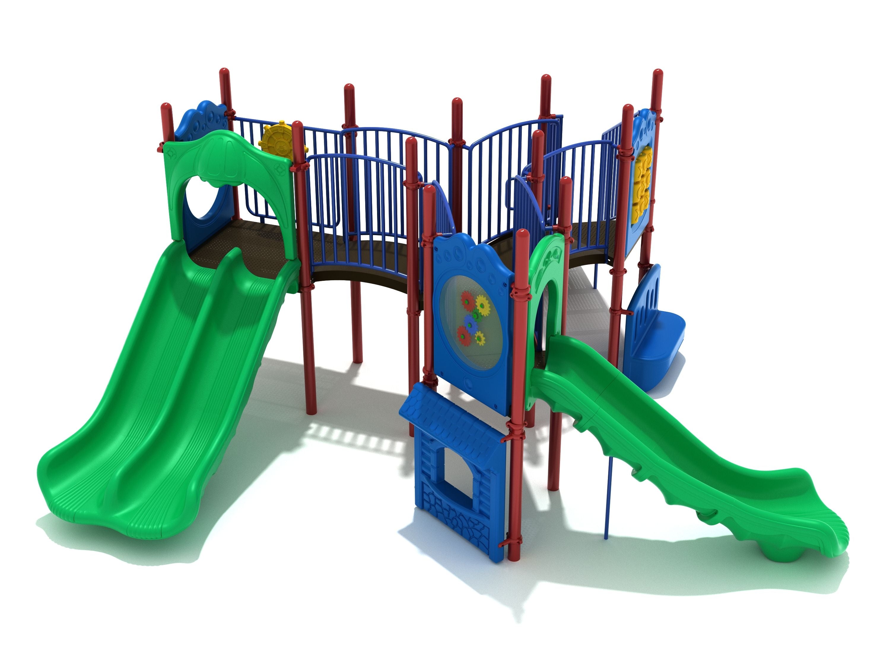 Lawrence Playground three-wing playset with green double and right-turn slides, blue railings, arch bridges, gear panel, ship’s wheel, and store panel