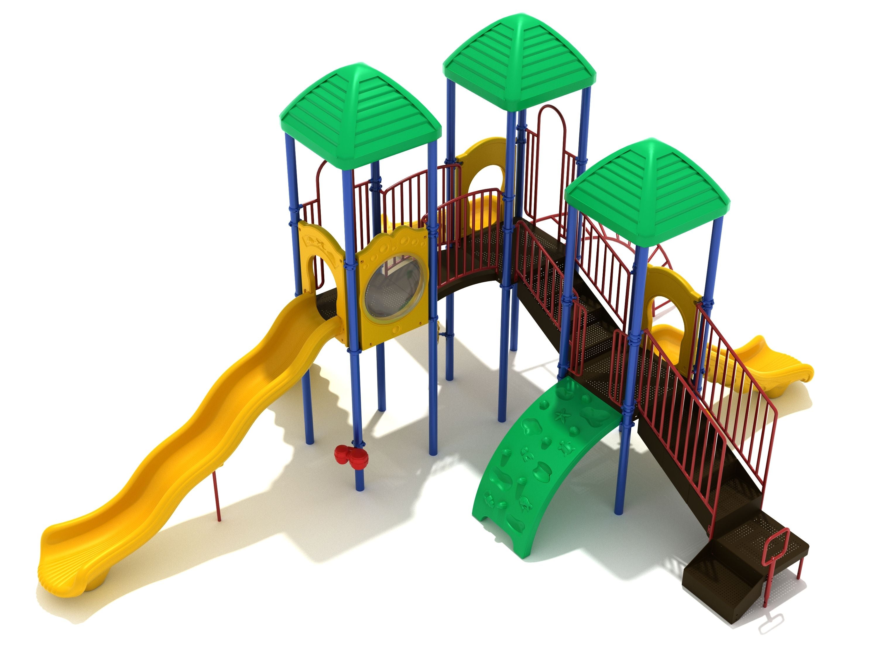 Colorful playground structure with green roofs, yellow wave and turn slides, red railings, and a green wavy climbing wall.