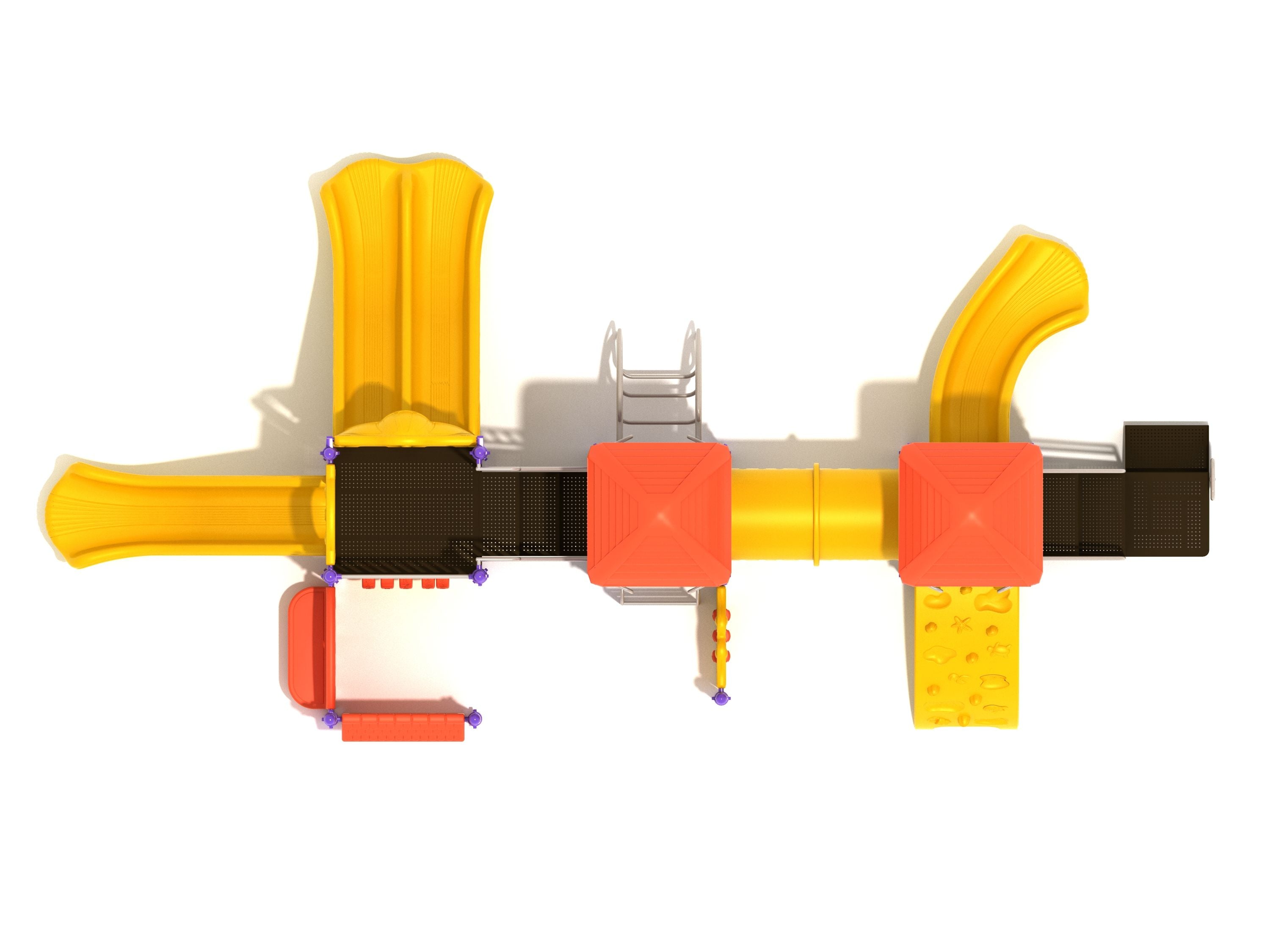 Overhead view of colorful playground with yellow slides, red roofs, climbing walls, tube bridge, and activity panels.