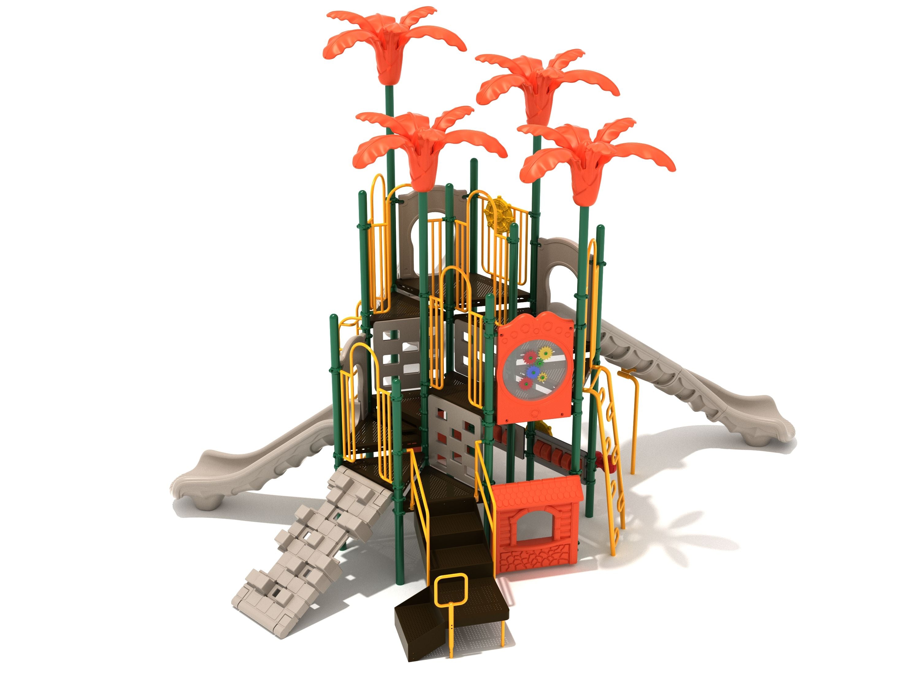 Multi-level playground structure with slides, climbing walls, activity panels, and orange palm tree accents.