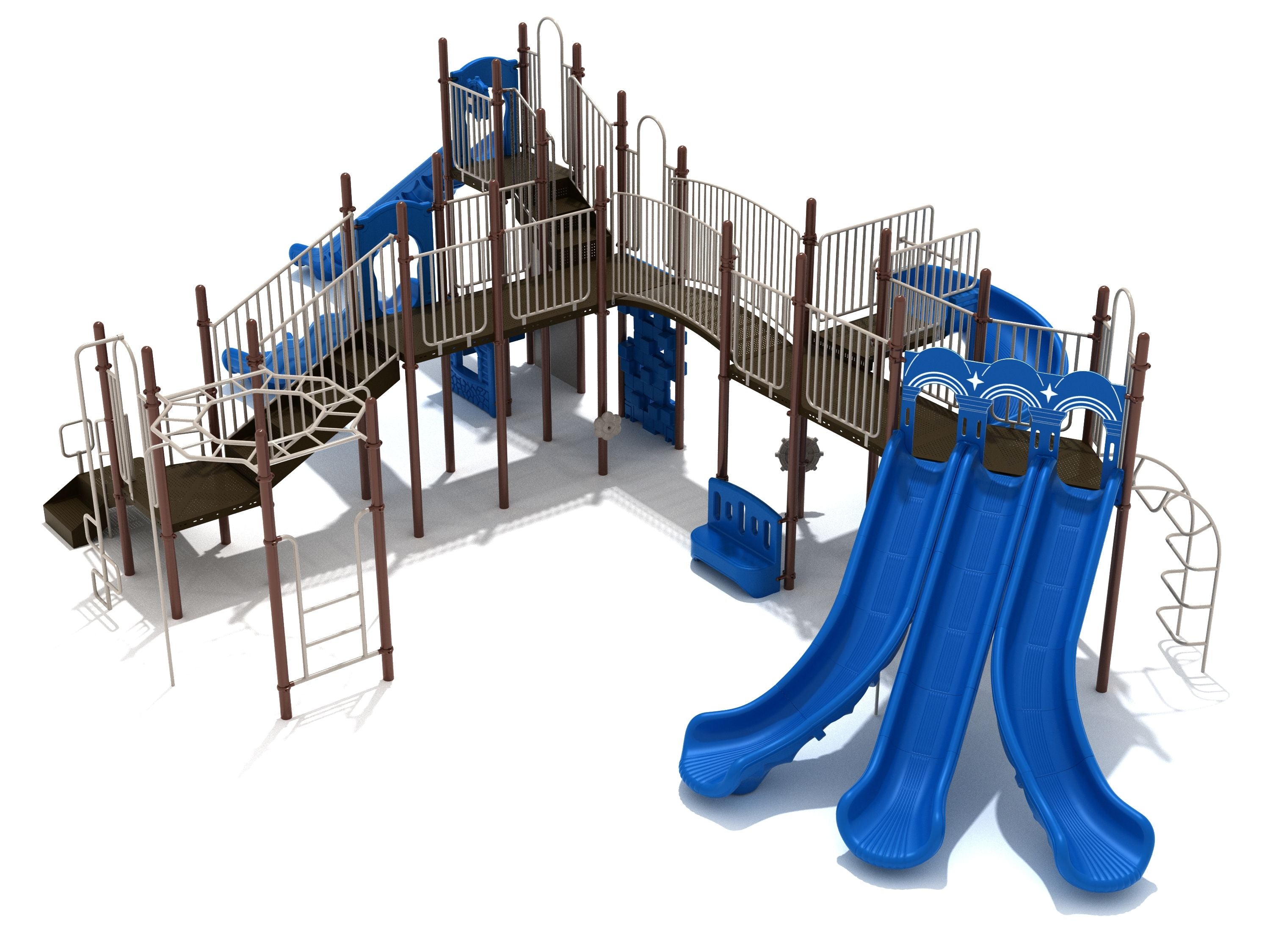 Large playground structure with multiple blue slides, climbing ladders, and elevated walkways for active play