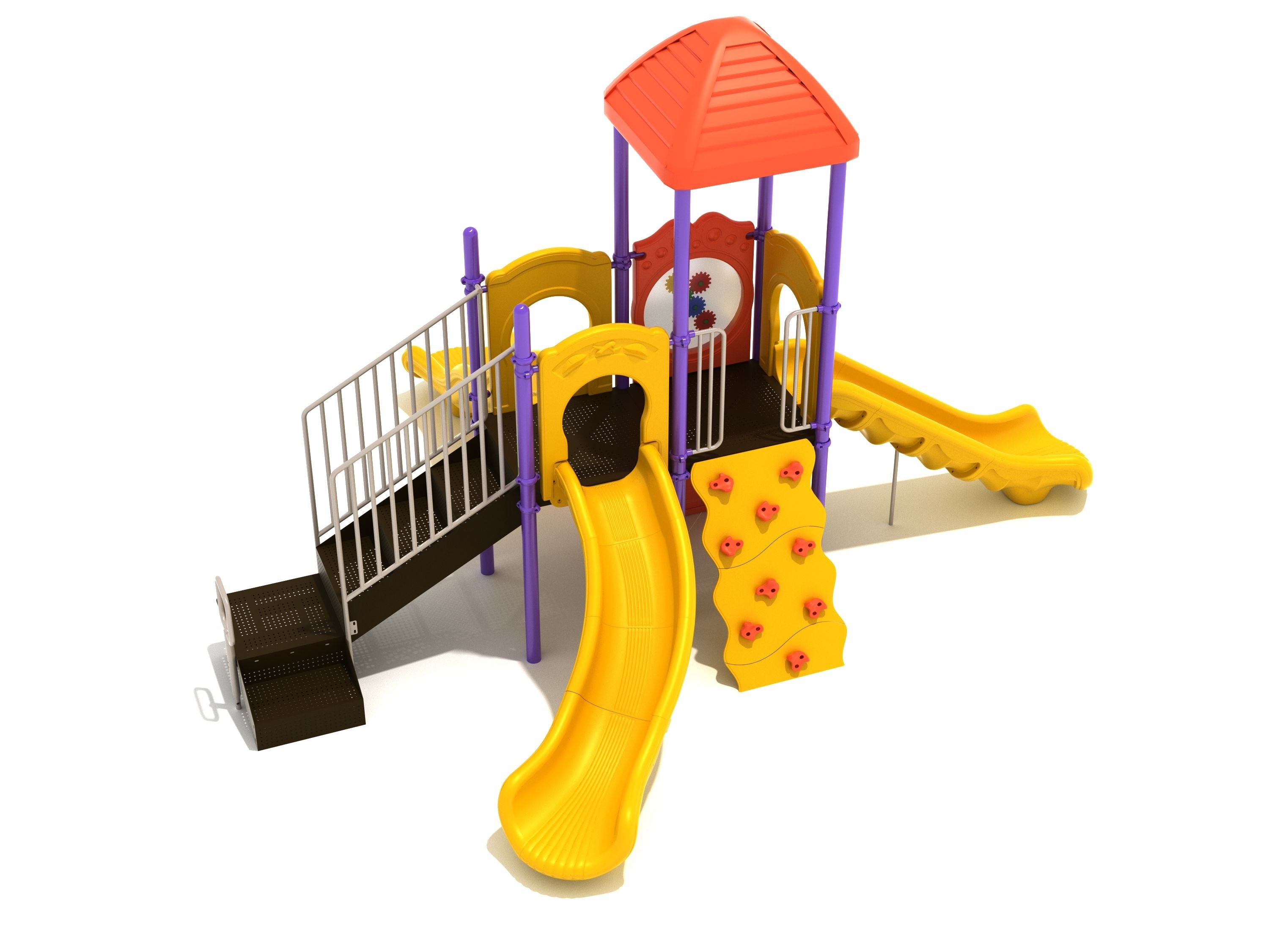 San Rafael Playground large play system with yellow wave slide, orange roof, purple posts, rock climber, gear panel, ship’s wheel, and store panel