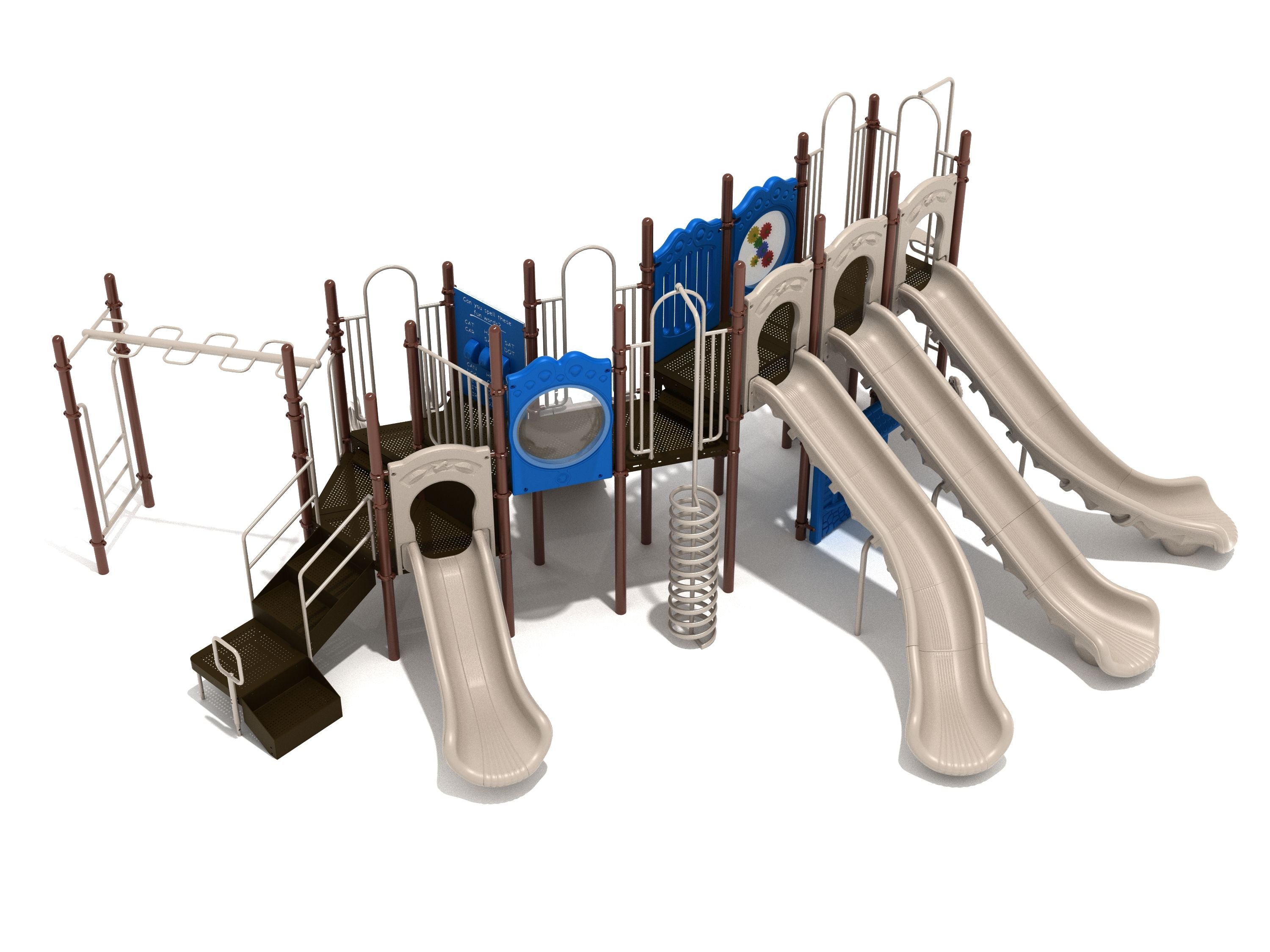 Playground structure with multiple beige slides, spiral climber, blue activity panels, and various climbing elements.