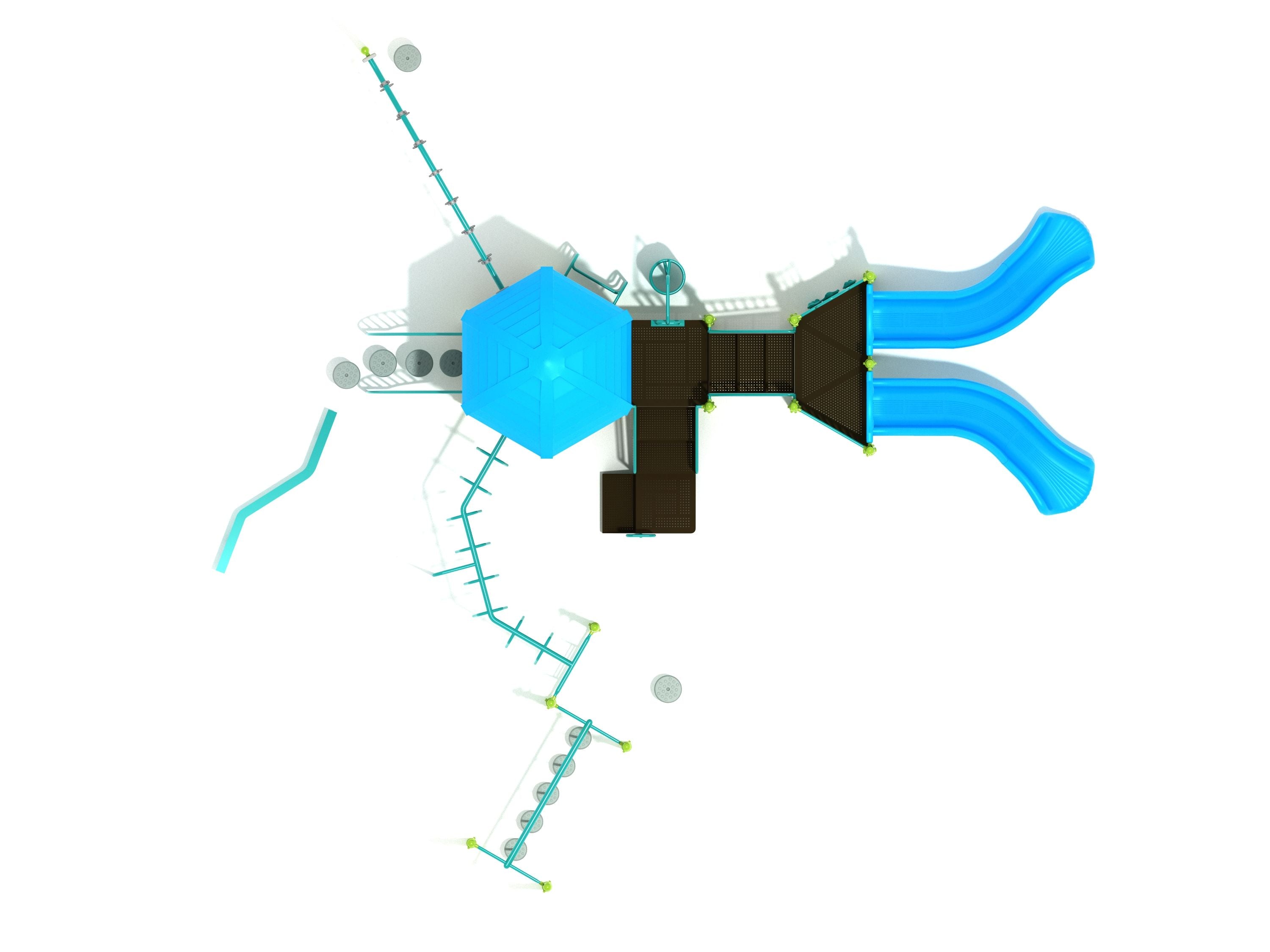 Overhead view of a hexagonal playground hub with multiple climbers and two blue turn slides extending from the structure
