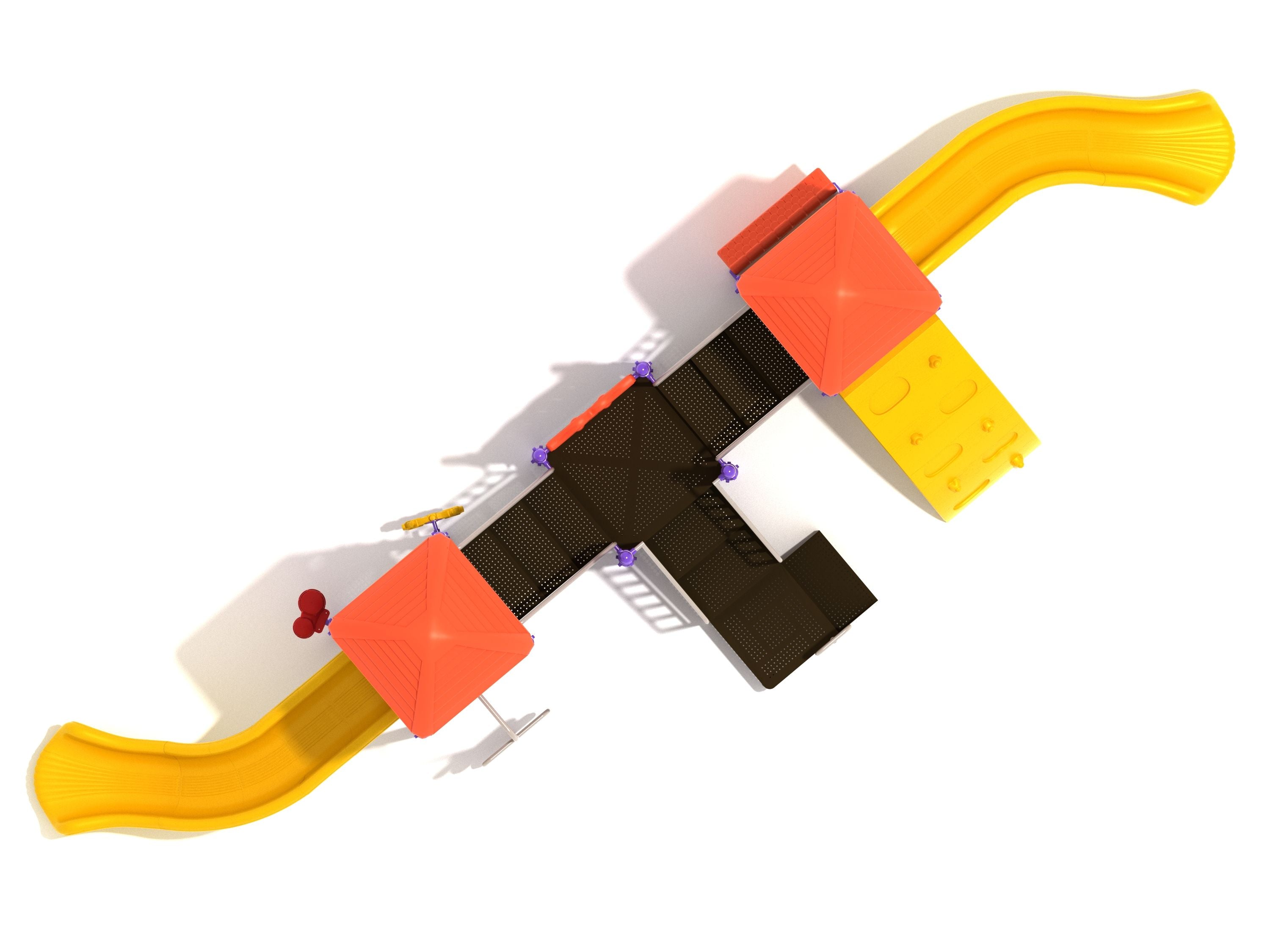 Overhead view of a playground structure with two red turrets, yellow right-turn slides, black platforms, and interactive play panels including bongos and a ship’s wheel.