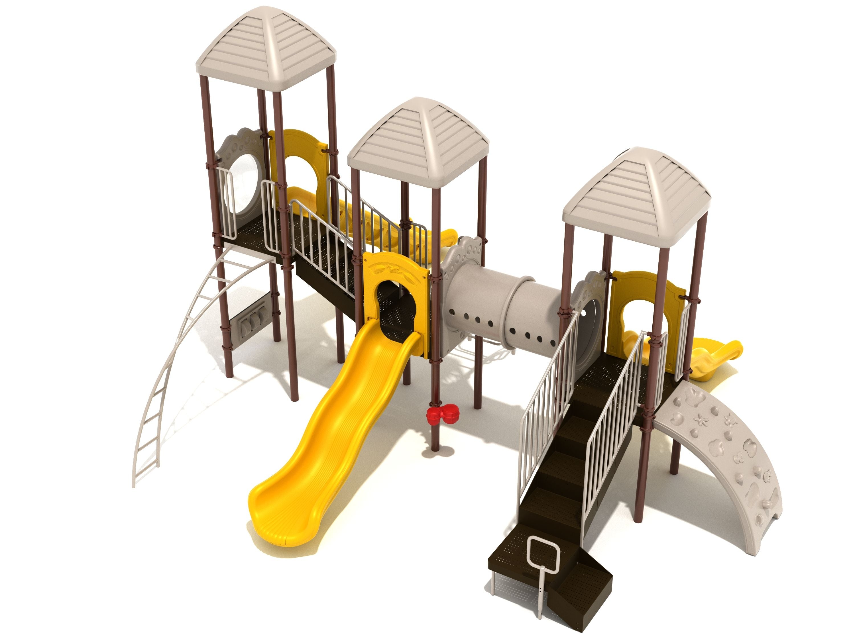 Playground structure with three beige-roofed towers, yellow wave and straight slides, tube bridge, climbing walls, and metal ladders