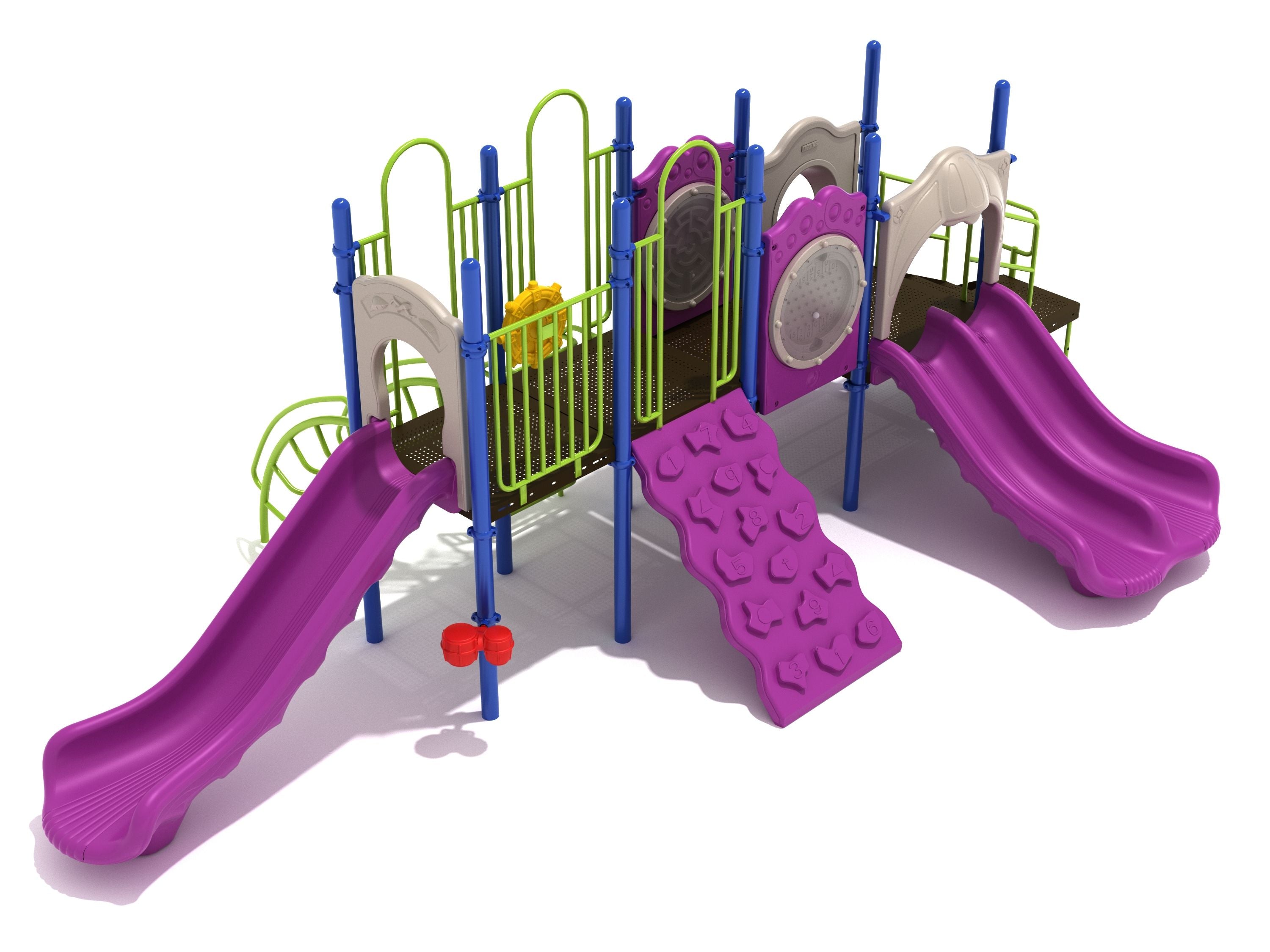 Colorful playground structure with multiple purple slides, climbing wall, interactive panels, and green railings