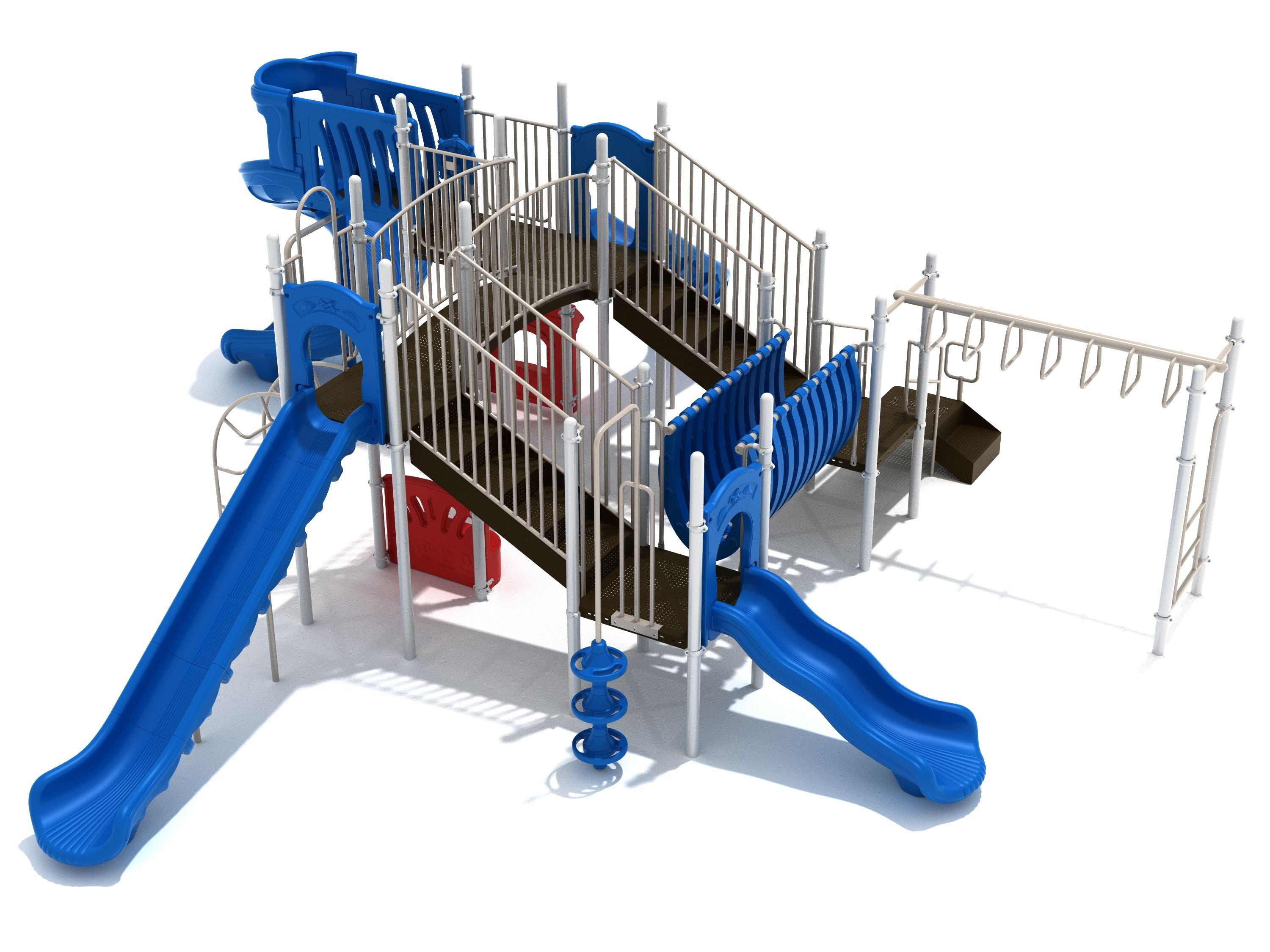 Commercial outdoor playground with blue slides, bridges, climbers, monkey bars, and spiral pole on tiered decks.