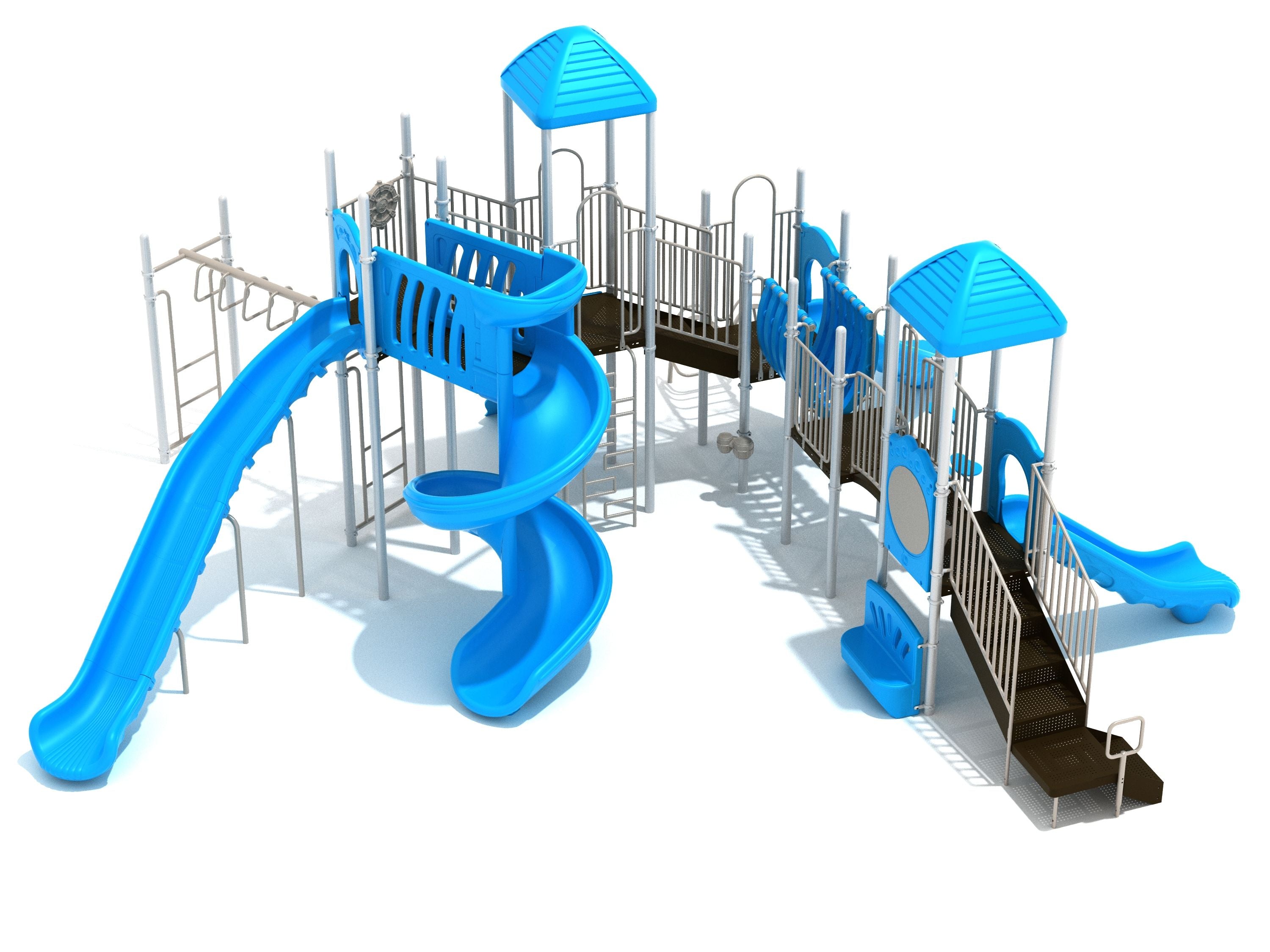 Large playground structure with blue slides, climbing walls, monkey bars, shaded platforms, and interactive play panels.