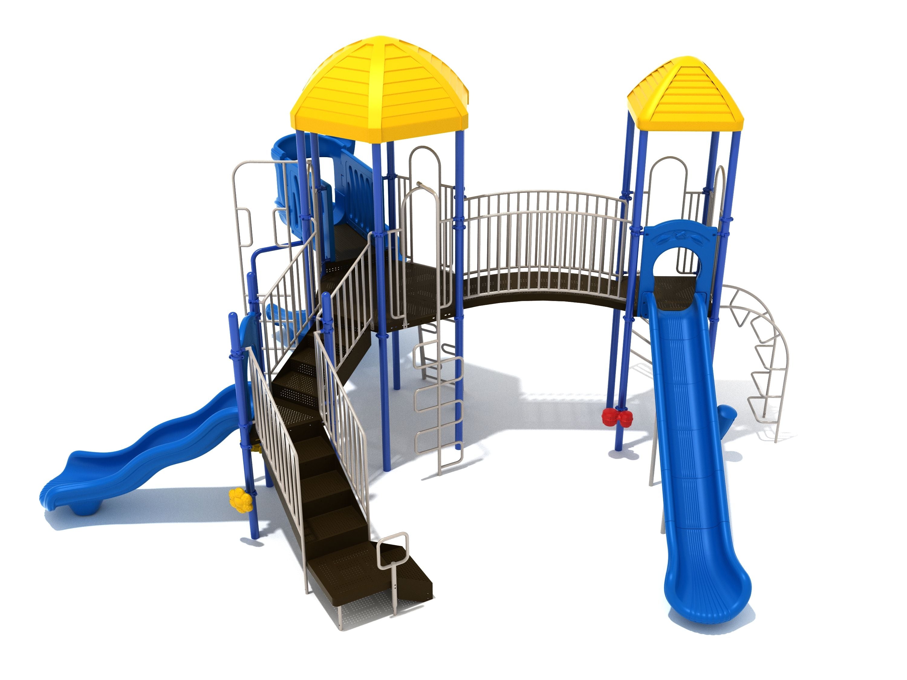 Fond du Lac Playground large play system with yellow roofs, blue straight, wave, and spiral slides, ramps, and climbing ladders