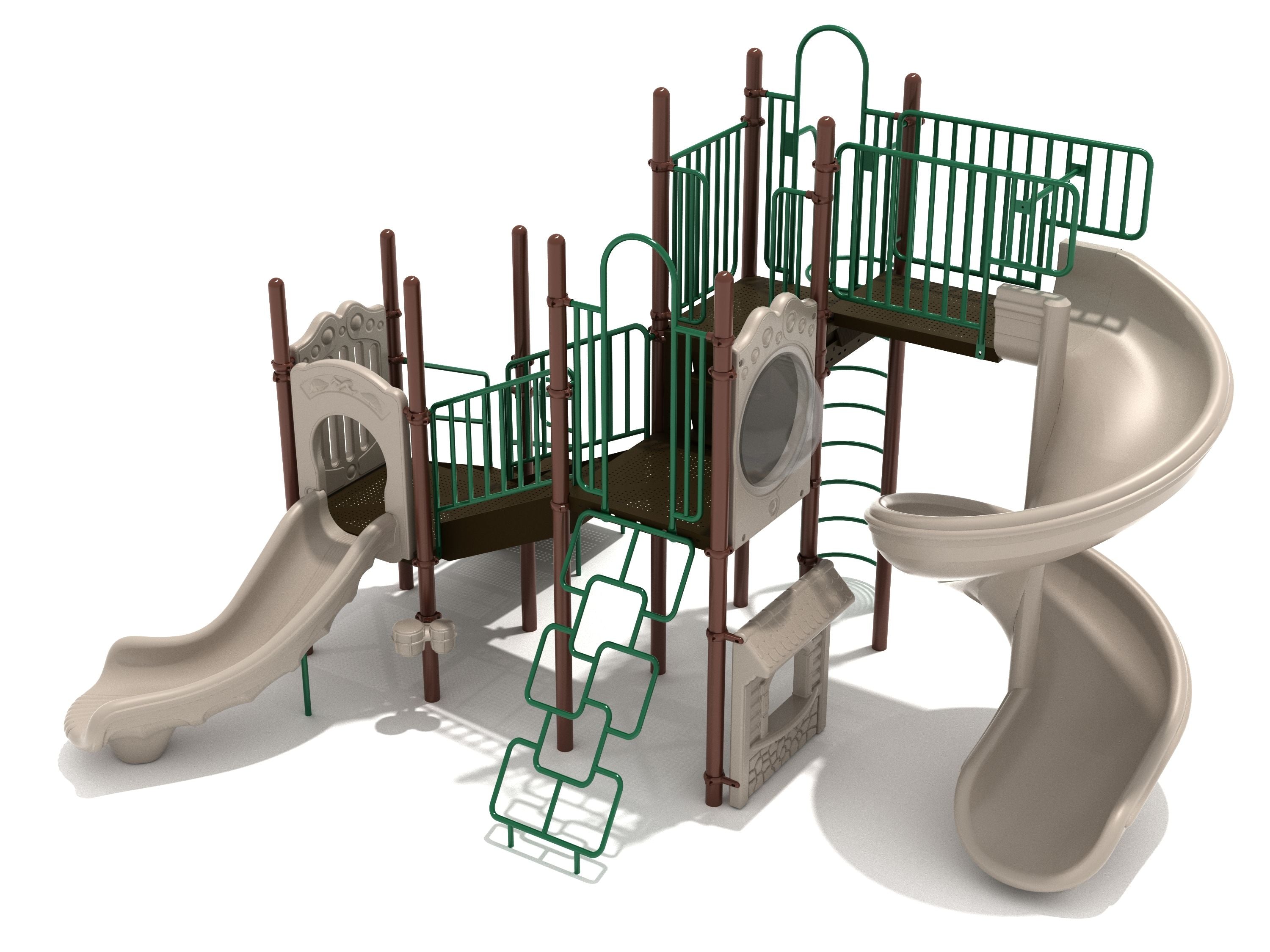 Modern playground with beige slides, green climbing frames, platforms, interactive panels, and accessible play features