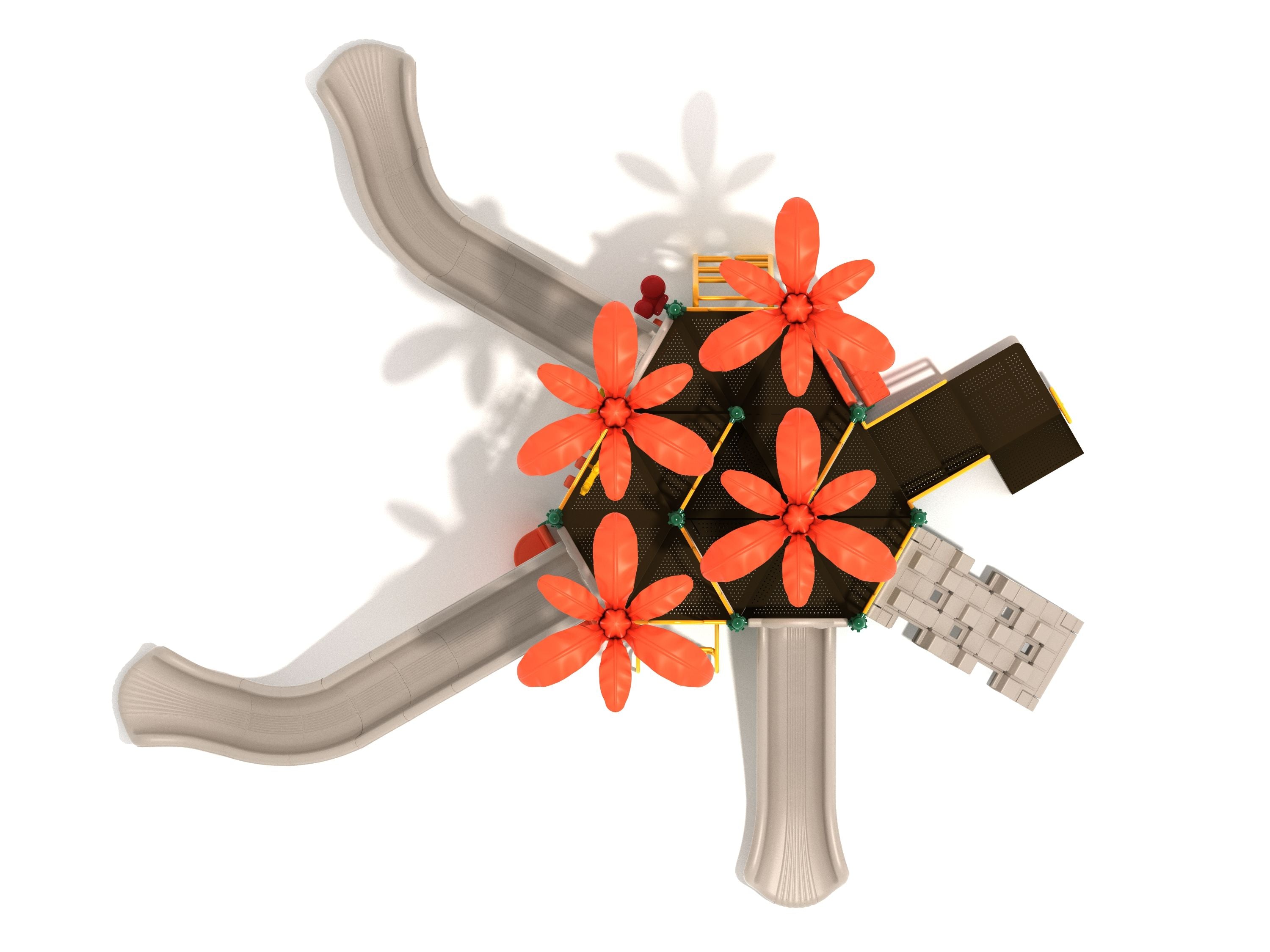 Overhead view of a large playground structure with beige slides, black platforms, orange flower canopies, and layered decks