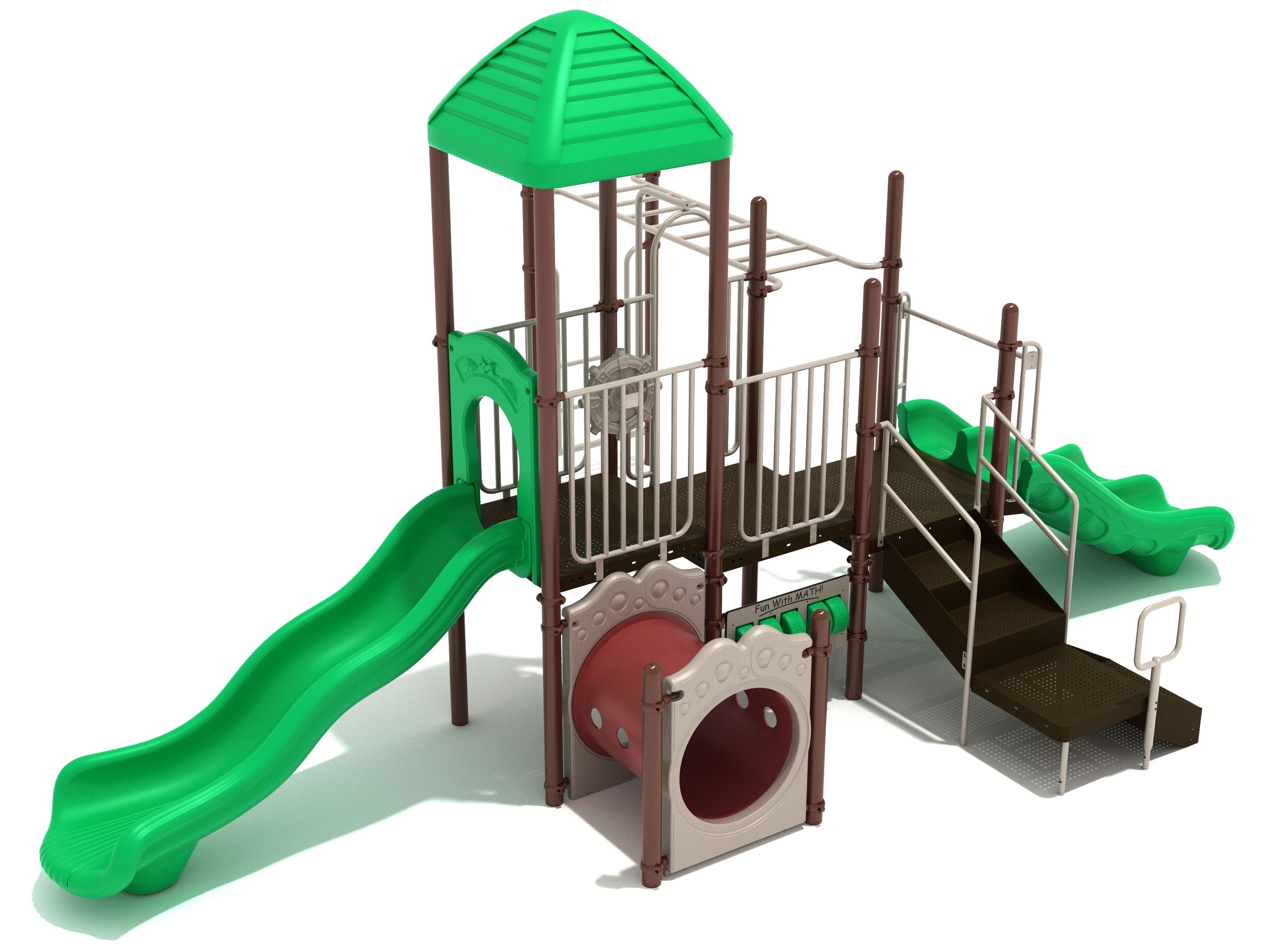 Bar Harbor Playground with green slides, crawl tube, overhead ladder, fireman pole, and math panel on brown platform